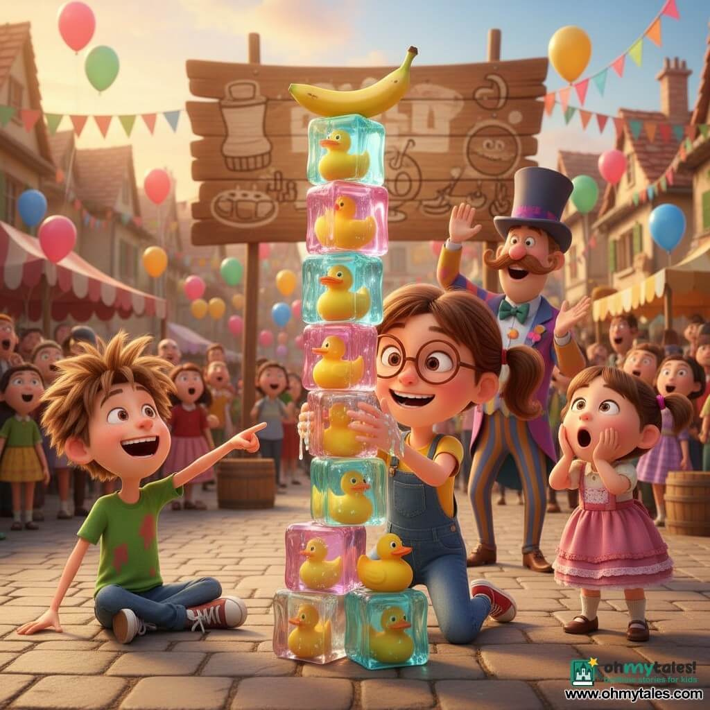 A joyful, focused 10-year-old girl with brown pigtails, round glasses, a yellow T-shirt and blue overalls crouches on the ground stacking shiny jelly cubes, rubber ducks and a banana, smiling with sparkling eyes and jelly‑sticky hands; a roughly 50-year-old male judge with a caterpillar mustache, colorful suit and top hat stands behind her to the right, raising his hand and applauding; a 12-year-old boy with messy hair and a jelly‑stained green T-shirt sits to the left laughing and pointing at the wobbling tower; a 6-year-old girl in a pink dress stands near the front of the crowd, mouth open and hands on her cheeks in wonder; the cobbled village square is decorated with multicolored garlands, painted wooden stalls, floating balloons and a large Festival of Fantastic Flops sign in golden afternoon light as the crowd counts aloud, surprised and amused.