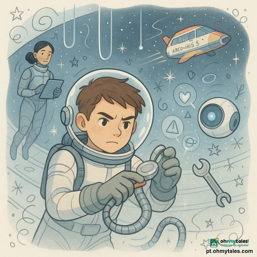 Um garoto de 12 anos, rosto concentrado e olhos vivos, cabelos curtos castanhos, capacete espacial transparente erguido, ajusta um disco-sensor prateado preso a uma boia metálica em gravidade zero com expressão tensa e determinada; atrás, a comandante Joana Sato, baixa, cabelos negros presos, olhar calmo e protetor, flutua segurando uma tablet luminosa vestindo um traje cinza com filetes azuis; o drone IA esférico Mimo, branco e azul com um olho luminoso, projeta ícones holográficos; no corredor espacial Lira-Sete, ao fundo um campo de estrelas e a pequena nave escolar colorida Arco-Íris 3, boias neon suspensas e partículas brilhantes atravessando a cena — tensão heroica, gestos precisos, luz fria e reflexos metálicos, atmosfera de aventura espacial segura e otimista.