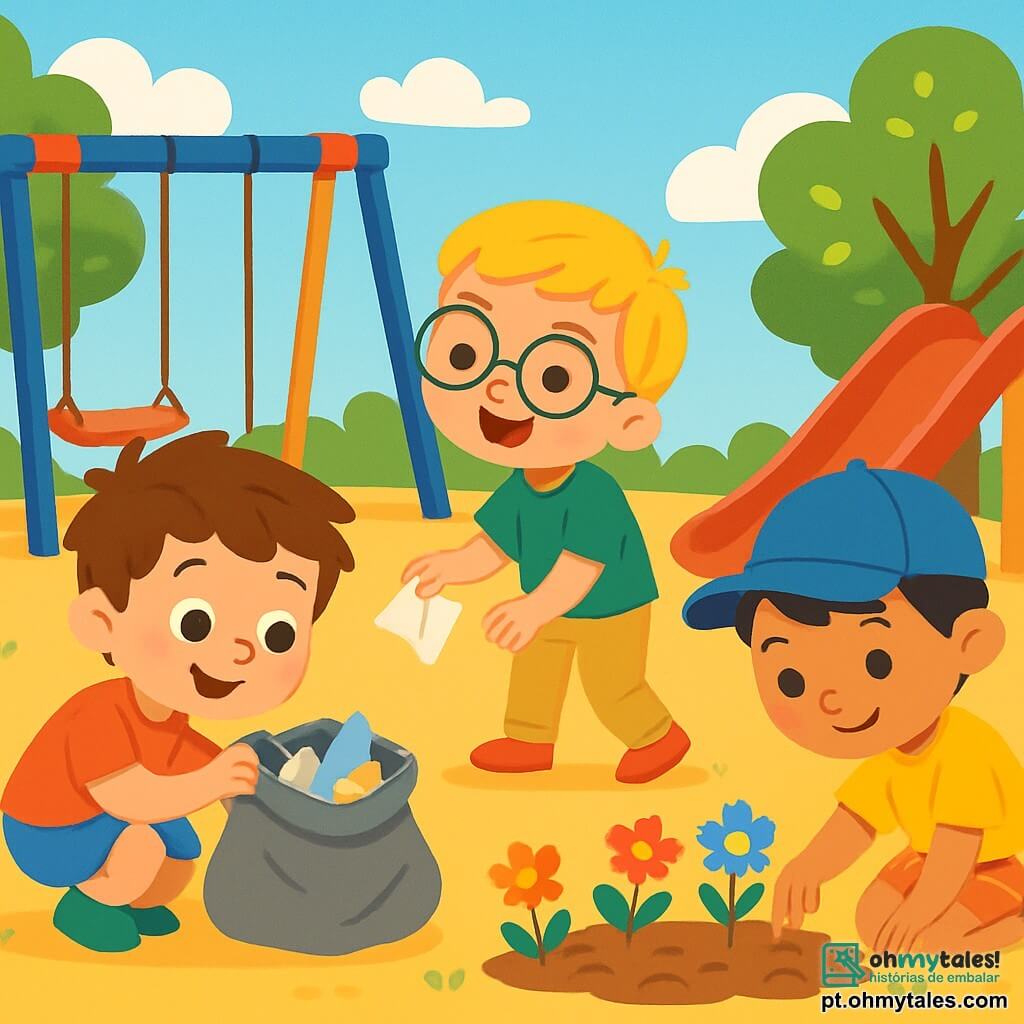 Há 3 personagens: Lucas, um menino de 3 anos com cabelos castanhos bagunçados, vestindo uma camiseta vermelha e um short azul, agachado segurando uma sacola cheia de lixo que acabou de pegar; Pedro, um menino de 3 anos com cabelos loiros e óculos redondos, vestindo uma camiseta verde e uma calça bege, em pé pegando um papel do chão com um grande sorriso; e João, um menino de 3 anos com cabelos negros e um boné azul, vestindo uma camiseta amarela e um short listrado, de joelhos plantando sementes na terra, cercado por pequenas flores coloridas. A cena se passa em um parquinho ensolarado, com balanços coloridos, um escorregador vermelho e um chão de areia dourada, cercado por árvores verdes com folhas brilhantes e nuvens brancas flutuando em um céu azul claro. Os três amigos estão limpando o parquinho, Lucas e Pedro recolhendo lixo enquanto João planta sementes, todos sorridentes e concentrados em deixar o local bonito e acolhedor para as crianças.