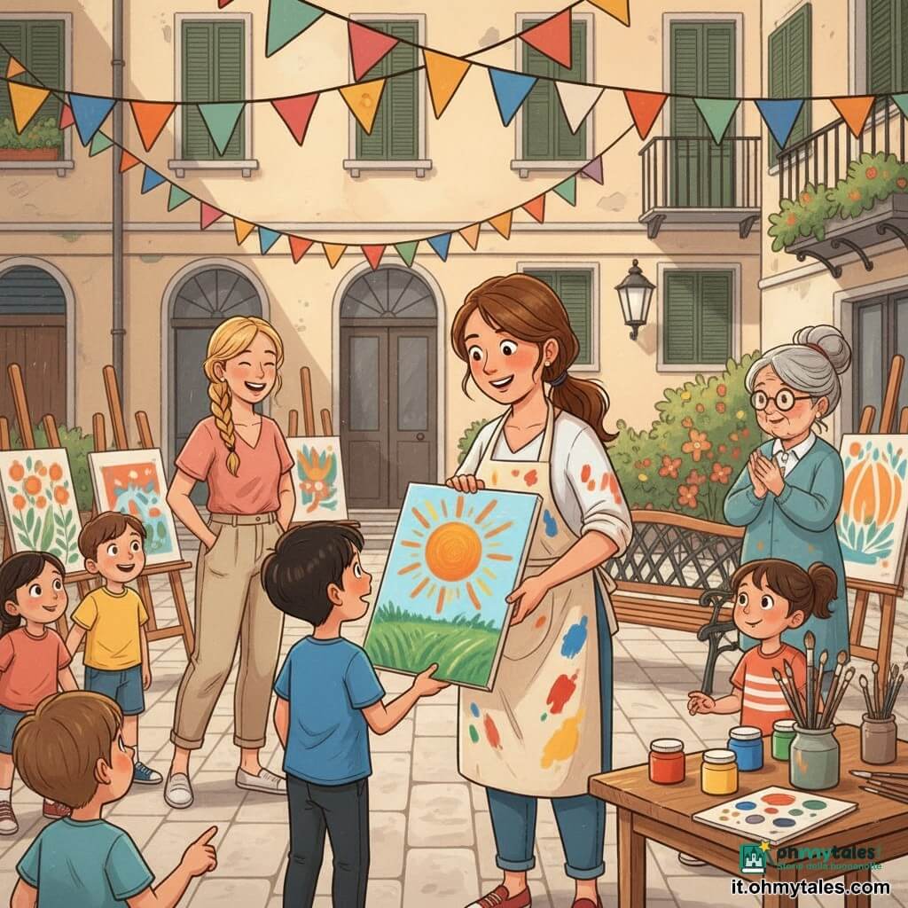 Sofia sorride calorosamente, guance rosee, capelli castani raccolti in coda, indossa un grembiule macchiato di vernice e porge un grande quadro con un campo e un sole arancione; Tommaso, ragazzo di circa 10 anni, occhi brillanti e capelli neri corti, in maglietta blu, riceve il quadro stupito; Marta, donna sui 30 anni con treccia bionda, sorride con le mani in tasca a sinistra dietro Sofia; la signora Adele, anziana di circa 70 anni con capelli grigi raccolti e occhiali tondi, applaude a destra vicino a una panchina; scena nella corte pavimentata di un palazzo con festoni colorati, cavalletti e barattoli di vernice su un vecchio tavolo: inaugurazione gioiosa di una piccola mostra, atmosfera luminosa e conviviale.