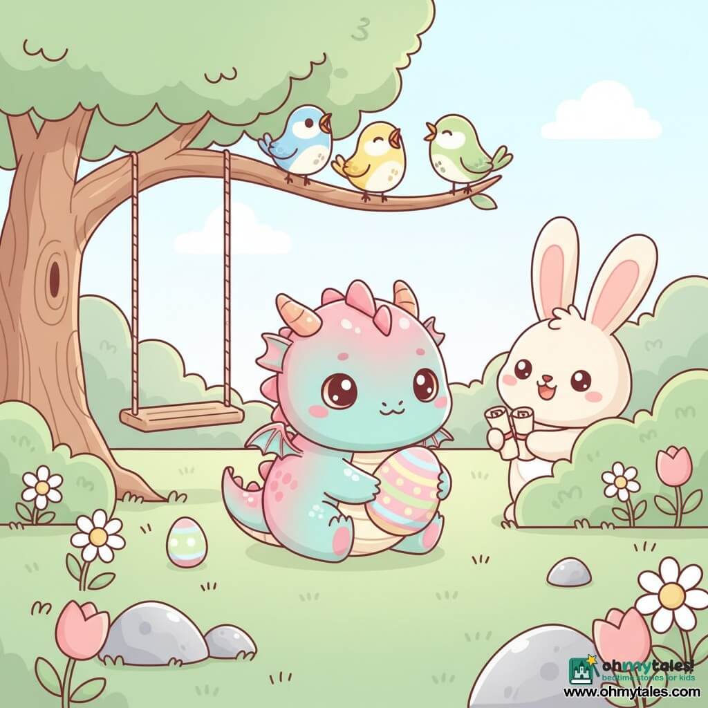 A small plush baby dragon with a round fluffy body, iridescent pink and turquoise scales, big shiny eyes and joyful brows, smiling and gently holding a polka‑ and striped‑patterned Easter egg; a cartoon Easter bunny with long ears, cream fur and a pink nose, peeking from behind a bush offering rolled little messages; three kawaii birds in blue, yellow and green perched on a branch above the dragon, singing and tilting their heads; set in a bright spring meadow with green grass, stylized tulips and daisies, glittering smooth rocks and a large welcoming tree with a rope swing; a calm joyful egg hunt scene, centered composition, vivid pastel colors, soft textures and rounded outlines.