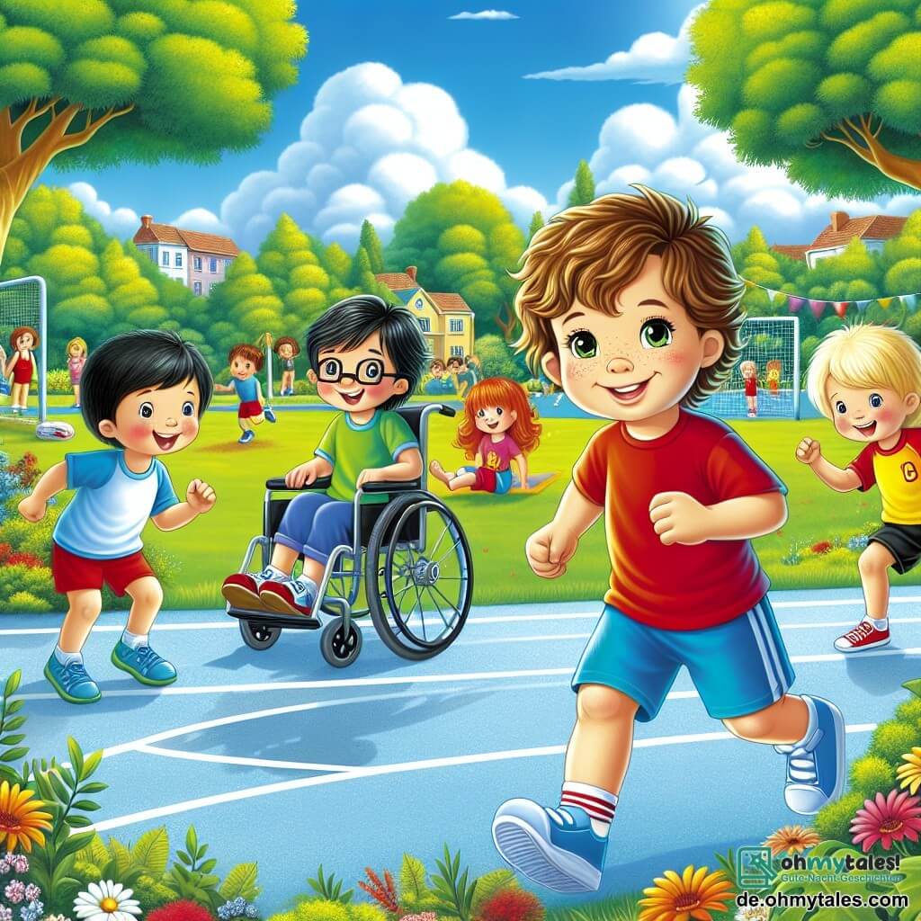 In einem sonnigen Park sind vier Kinder versammelt, um an einem großen Sporttag teilzunehmen. Max, ein 8-jähriger Junge mit unordentlichen braunen Haaren und einem strahlenden Lächeln, steht in der Mitte, bereit zu laufen, gekleidet in ein rotes T-Shirt und blaue Shorts. Rechts von ihm sitzt Leo, ein 9-jähriger Junge im hübschen Rollstuhl, mit blonden Haaren und Brille, der begeistert lächelt und ein grünes T-Shirt trägt. Links von Max springt Tim, ein 8-jähriger Junge mit schwarzen Haaren und funkelnden Augen, auf der Stelle, gekleidet in ein gelbes T-Shirt und schwarze Shorts. Schließlich steht Lukas, ein 8-jähriger Junge mit roten Haaren und Sommersprossen, hinter ihnen und feuert sie an, während er ein hellblaues T-Shirt trägt. Der Ort ist ein grüner Park mit majestätischen Bäumen, bunten Blumen und einem großen Sportplatz, auf dem verschiedene Aktivitäten stattfinden. Der Himmel ist strahlend blau mit einigen fluffigen weißen Wolken, und Kinder spielen fröhlich um sie herum. Die Hauptsituation zeigt Max, der sich an der Startlinie eines Rennens in Bewegung setzt, während Leo, Tim und Lukas ihn mit Lächeln und begeisterten Gesten anfeuern, was eine Atmosphäre von Kameradschaft und Aufregung schafft.