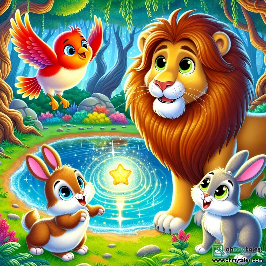 A majestic lion named Leo, with a vibrant golden mane and sparkling curious eyes, stands by a shimmering lake, a look of wonder on his face. Beside him, a bright red little bird named Pip, with shiny feathers and a cheerful demeanor, flies around Leo, singing joyfully. Nearby, two adorable rabbits, Luna and Milo, with soft, silky fur, hop closer, their eyes shining with excitement. The setting is an enchanted forest, with gnarled tree trunks and vibrant green leaves, while the lake reflects the colors of a rainbow. Leo discovers a sparkling magic bell in the grass, ready to make a wish, surrounded by his new friends, all eager to embark on an adventure together.