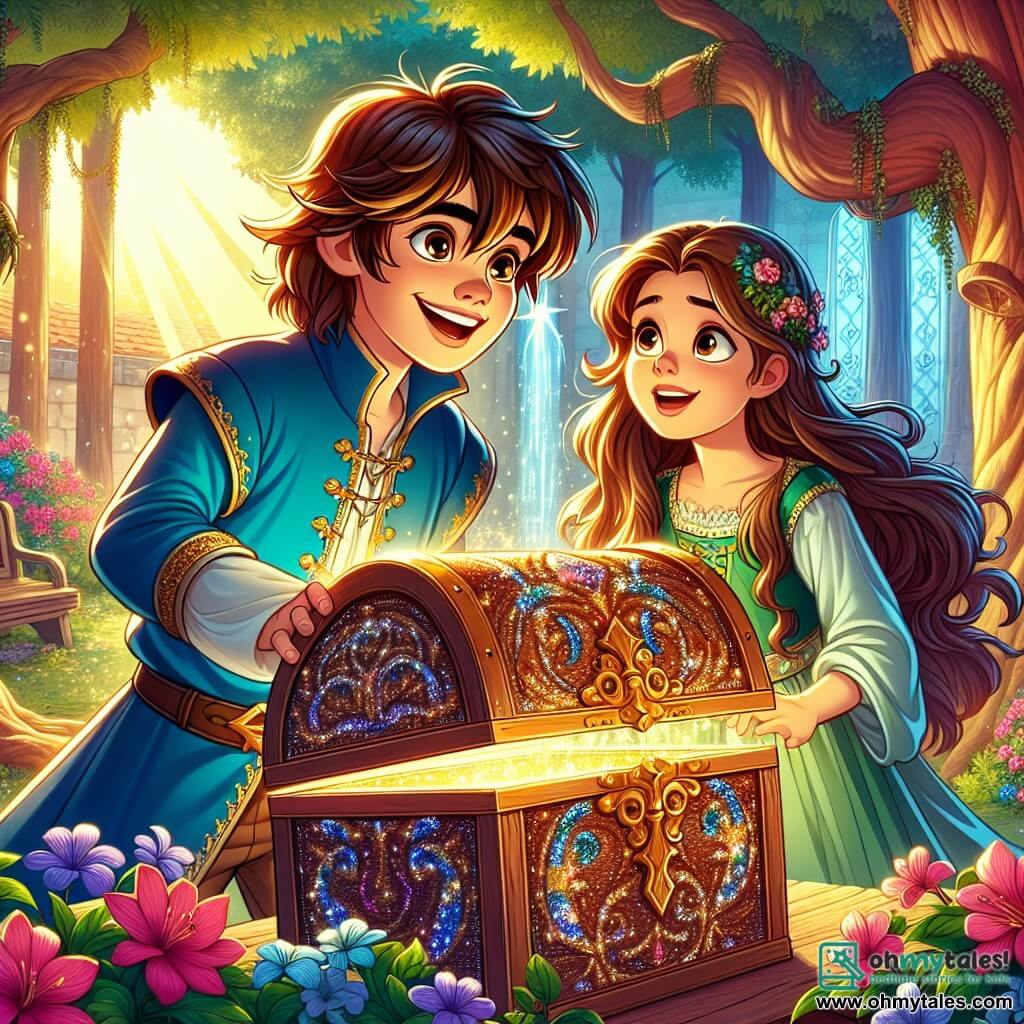 A young prince named Felix, around 12 years old, stands at the center of the image with messy brown hair and sparkling curious eyes. He wears a blue tunic adorned with gold, and his face expresses joyful determination as he discovers a mysterious wooden chest decorated with shimmering patterns. Beside him, his sister, Princess Elara, aged 10, has long wavy hair and wears a delicate green dress. She gazes at the chest with fascination, her eyes shining with wonder. The setting is a lush royal garden filled with colorful flowers, gnarled trees, and a softly murmuring fountain in the background. Sunlight filters through the leaves, creating dancing shadows on the ground. The main scene shows Felix opening the chest, revealing a magical scroll glowing with a golden light, while Elara leans forward, eager to uncover its secret.