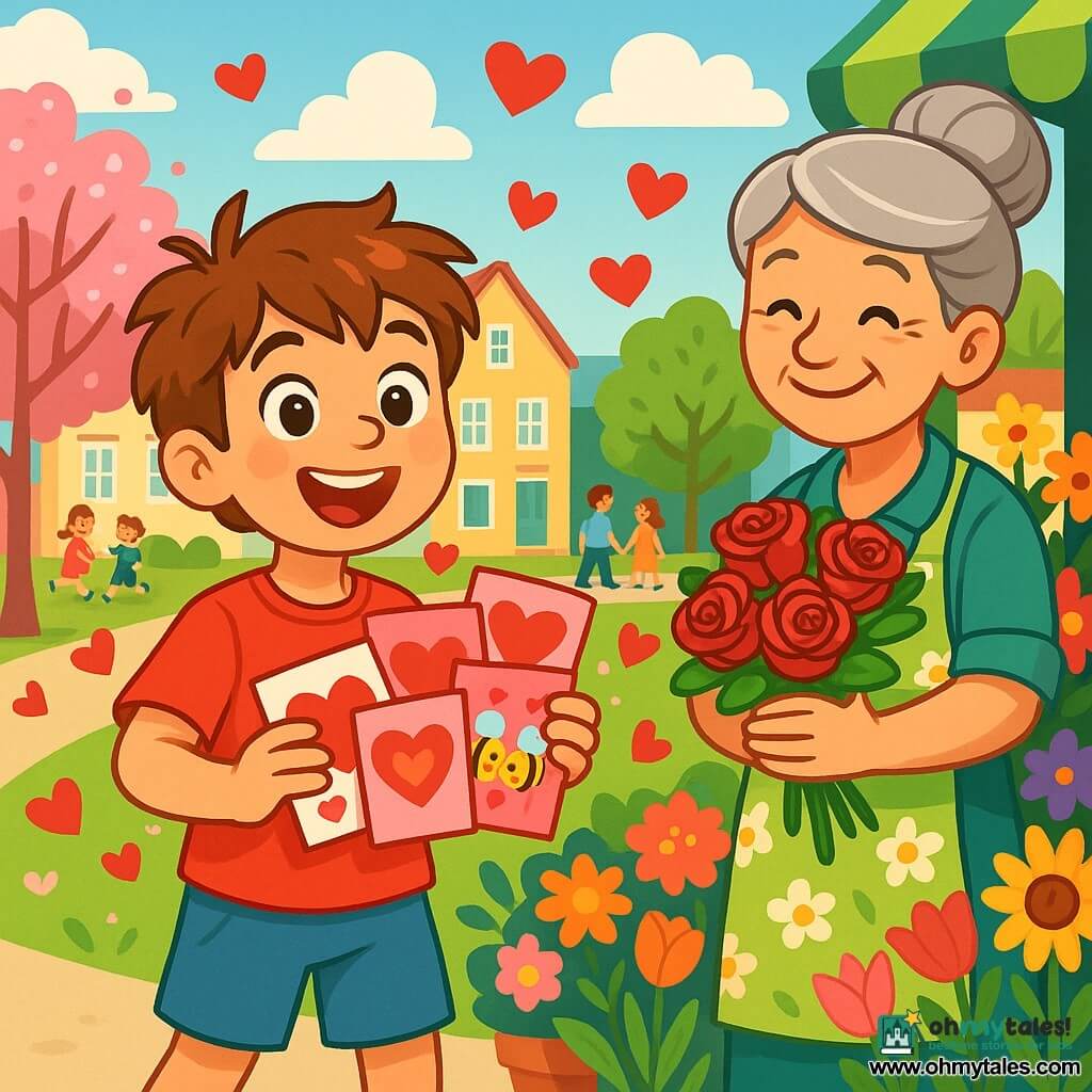 An 8-year-old boy named Oliver, with messy brown hair and sparkling curious eyes, stands at the center of the image, beaming with a big smile while holding a stack of colorful Valentine's Day cards. He wears a bright red t-shirt and blue shorts, and his enthusiasm is palpable. Next to him, a middle-aged woman, Mrs. Rosewood, the florist, has gray hair in a bun and a floral apron. She smiles warmly at Oliver, holding a bouquet of bright roses in her arms, surrounded by colorful flowers. The setting is in a charming small town, with pastel-colored houses, blooming trees, and a blue sky dotted with fluffy white clouds. In the background, a lush park can be seen where children are playing and couples are strolling hand in hand. The main scene shows Oliver, radiating joy, distributing his Valentine's cards to passersby, while paper hearts float around him, creating a festive and loving atmosphere.