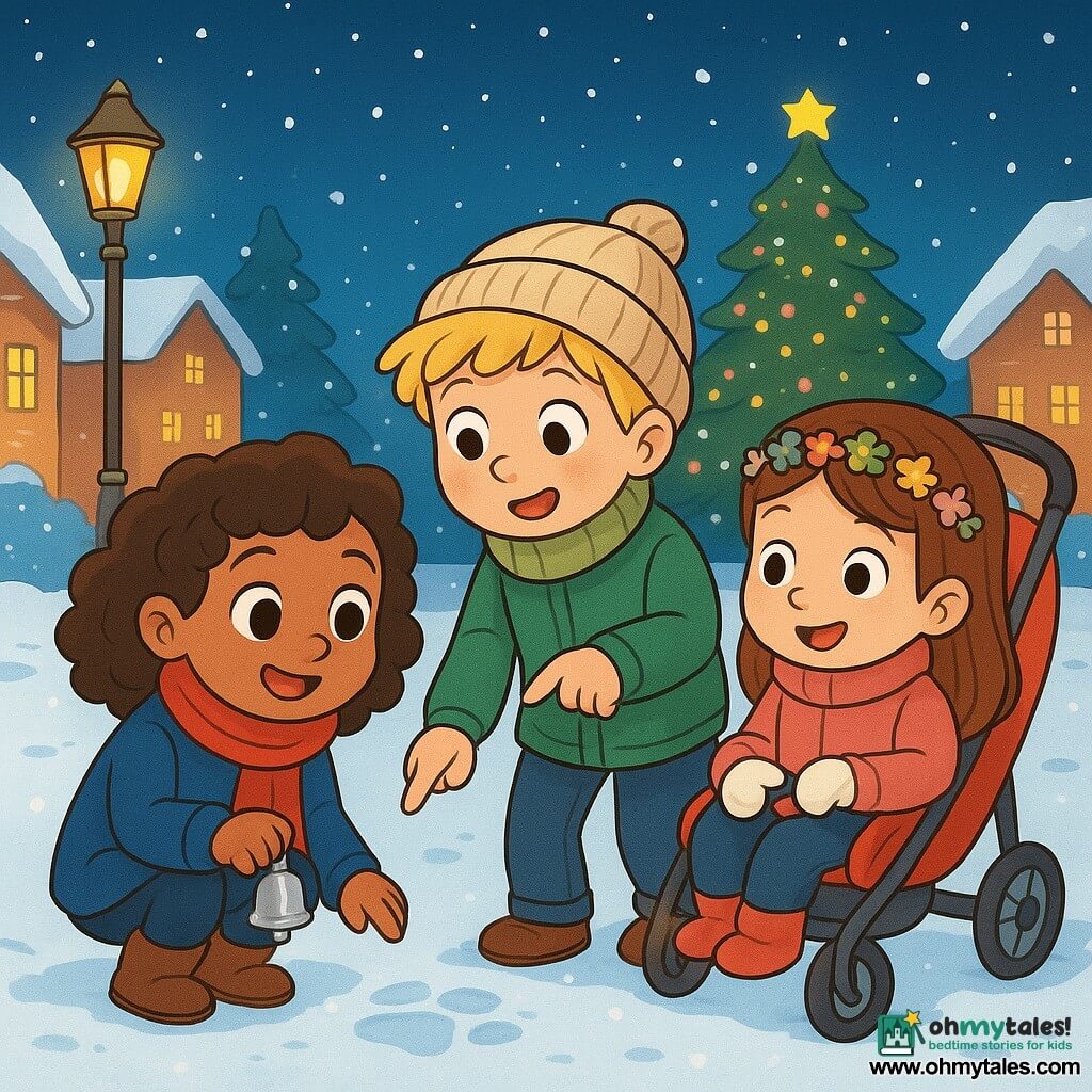 There are three children: Mira, a 5-year-old girl with big sparkling eyes and curly hair, wearing a bright red scarf and a blue coat. She is crouching, holding a small silver bell in her hand, with a look of wonder. Tom, a 5-year-old boy with messy blonde hair and rosy cheeks, is dressed in a green jacket and a wool hat. He stands pointing at a snow footprint on the ground with a curious expression. Ana, a little girl of 5 sitting in a red stroller, has smooth hair and a small flower crown on her head. She looks at her friends with sparkling eyes, holding a small wool mitten in her hand. The setting is a peaceful, snowy street lined with houses with glittering snow-covered roofs. Golden street lamps softly illuminate the path, and snowflakes gently fall, creating a magical atmosphere. In the background, a large Christmas tree decorated with lights shines under the starry sky. The main scene shows the three children searching for a lost object, with joyful and determined expressions, surrounded by sparkling snow, while Mira's bell emits a soft jingle, adding to the magic of the scene.