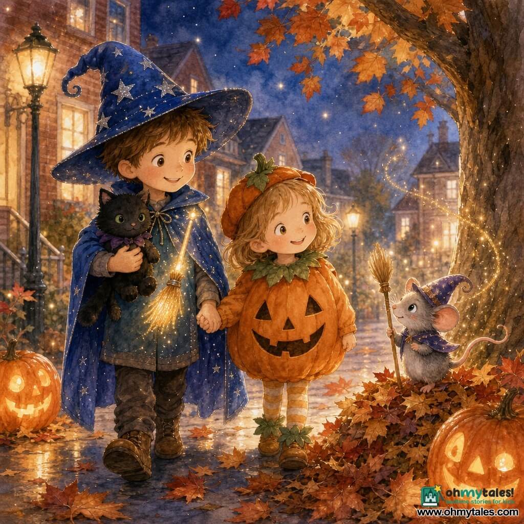 An 8-year-old boy, Timmy, smiling and wide-eyed, wears a blue wizard hat with slipping silver stars, holds a small glowing miniature broom and clutches his black cat plush Whiskers; a joyful, proud 5-year-old girl, Lucy, dressed as an orange pumpkin with green-leaf shoes, holds Timmy's hand and watches a tiny magical mouse, Maple—a minuscule, light-gray shimmering mouse in a tiny pointed hat holding a pencil-sized broom—perched on a pile of leaves at the base of a large oak on a residential street lined with brick houses, soft lampposts and glowing carved pumpkins, red and yellow leaves swirling and faint golden dust in the air; Timmy and Lucy are helping the mouse retrieve her miniature broom, conveying warmth, cooperation and gentle nighttime magic.