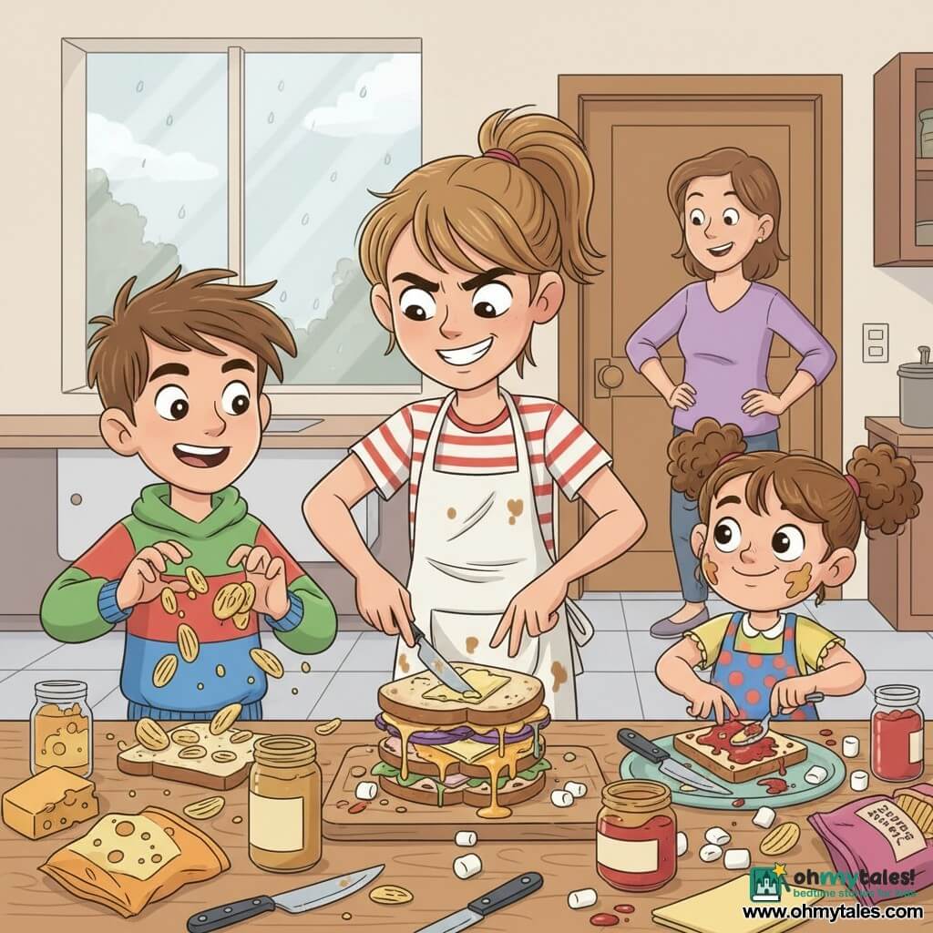 A 12-year-old girl, mischievous and focused with a smile, light brown ponytail, striped T‑shirt and stained apron, holds a butter knife preparing a slice of bread; a roughly 10-year-old brother with messy hair and an excited, sly look at left stacks chips and cheese with crumbs flying; a joyful ~7-year-old sister with curly hair at right spreads jam and places marshmallows, a smear of jam on her cheek; the mother stands near the door in the background, smiling and surprised with hands on hips; a cluttered family kitchen under soft, rainy daylight—wooden countertop strewn with ingredients, a fogged window with raindrops—centers on a chaotic, colorful tower of sandwiches with uneven layers, dripping jam and rolling marshmallows, creating a playful, slightly messy atmosphere.