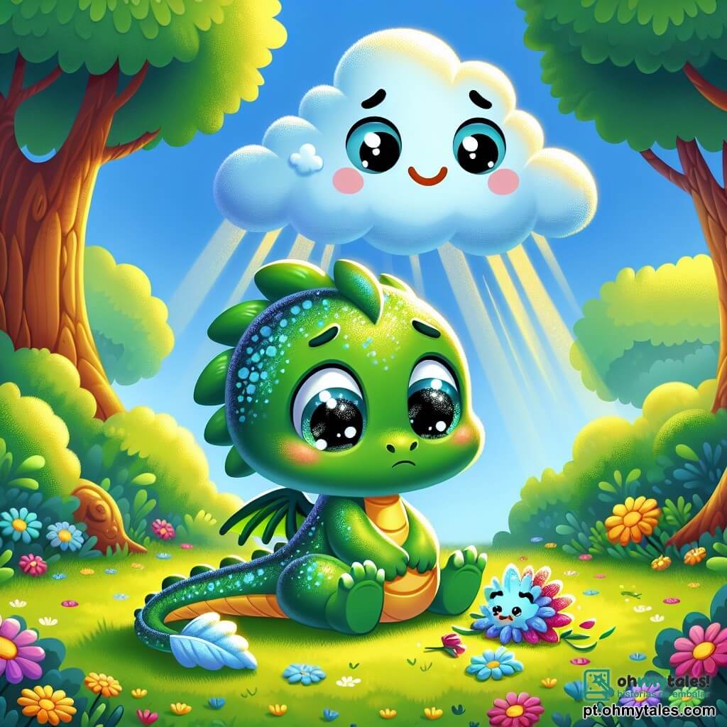 Um pequeno dragão chamado Tico, com escamas brilhantes de cor verde e olhos cintilantes de curiosidade, está sentado tristemente ao lado de uma flor caída, suas pequenas asas recolhidas contra seu corpo. Perto dele, uma nuvem sorridente, suave e fofinha, flutua no céu azul, observando Tico com benevolência, seus contornos borrados e algodonados adicionando um toque de magia à cena. O cenário é uma linda floresta verdejante, com árvores majestosas de troncos grossos e folhas vibrantes, enquanto raios de sol penetram através da folhagem, iluminando o chão salpicado de flores coloridas. Nessa cena, Tico sente tristeza ao ver a flor machucada, mas começa a se sentir melhor ao decidir cuidar dela, criando assim um momento doce e reconfortante.