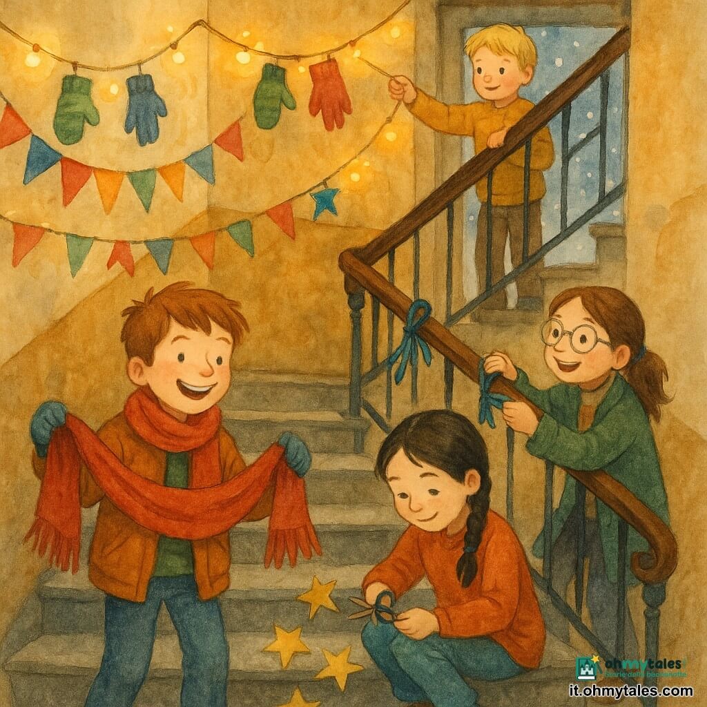 Un gruppo di bambini decora l'androne di un vecchio palazzo per l'inverno: un ragazzo di circa 10 anni dal viso rotondo e lentiggini, capelli castani spettinati, sorriso coraggioso, tiene una grande sciarpa rossa appesa alle ringhiere; Sofia, circa 9 anni, capelli neri in treccia, concentra giocosa, taglia stelle di carta dorata seduta su un gradino; Luca, circa 10 anni, capelli biondi corti, vivace, tiene una corda per fissare le ghirlande sul pianerottolo di fronte; Sara, circa 10 anni, capelli castani e occhiali rotondi, attenta e sorridente, annoda nastri blu vicino alla balaustra. Interno caldo con muri beige e ocra, gradini in pietra grigia consumata e lucine, decorazioni di carta e tessuti appesi; attraverso la porta vetrata la strada innevata e i passanti avvolti nelle ombre fredde. Stile: acquerello morbido, lavaggi cromatici e tratti delicati, palette calda dentro e blu freddi fuori.