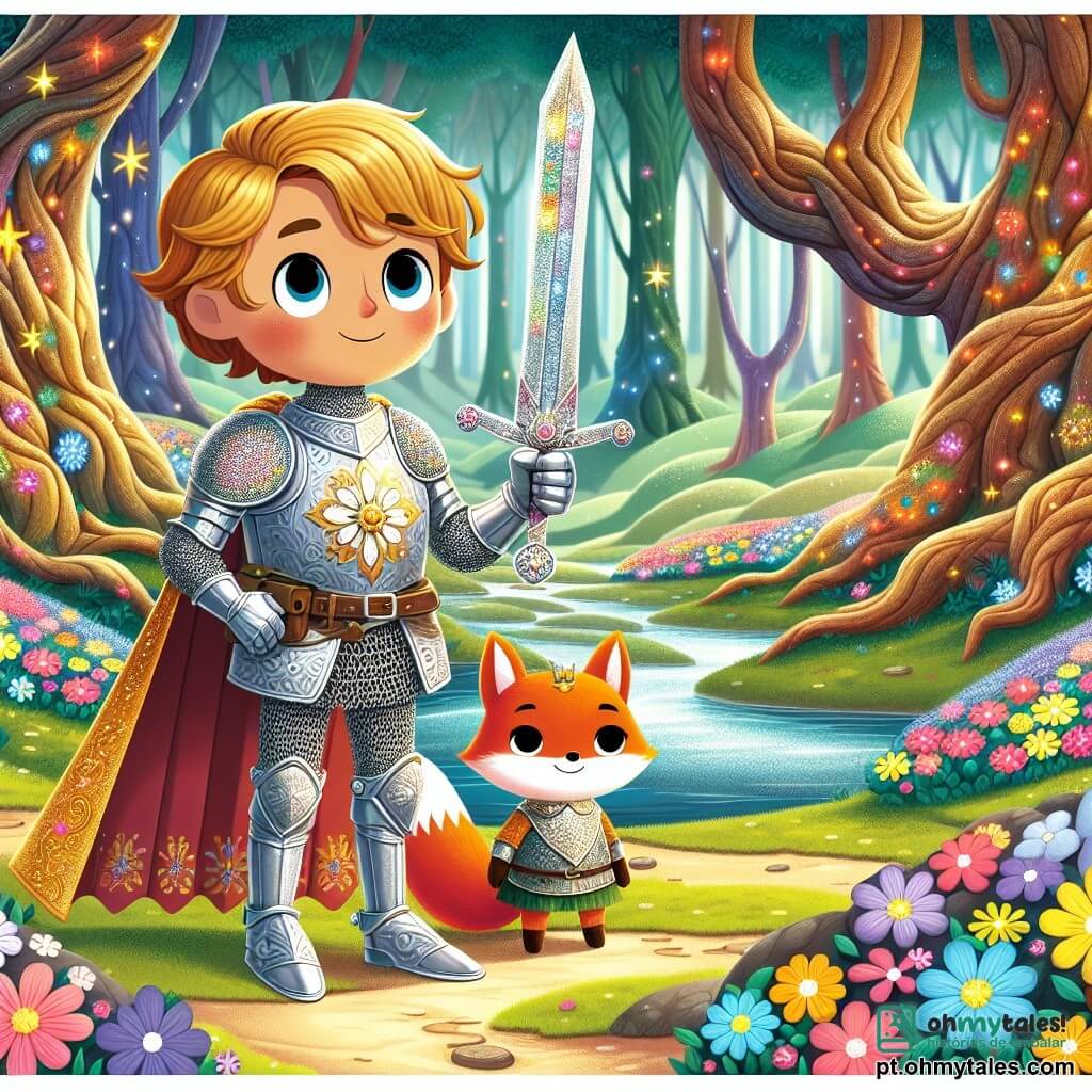 Um cavaleiro corajoso, Sir Lúcio, está orgulhosamente no centro da cena, vestindo uma armadura brilhante adornada com padrões de flores. Seu rosto é determinado e seu olhar brilha de aventura, enquanto empunha uma espada cintilante. Ao seu lado, uma pequena raposa chamada Rina, com pelagem ruiva e olhos travessos, observa ao redor com curiosidade, pronta para ajudar seu amigo. A cena acontece em uma floresta mágica, onde grandes árvores com troncos retorcidos se erguem em direção ao céu, suas folhas brilhando em cores vivas sob a luz do sol. Flores multicoloridas cobrem o chão, e um suave riacho serpenteia pela paisagem, adicionando um toque de magia ao ambiente. Sir Lúcio e Rina estão diante da entrada de uma caverna misteriosa, onde um tesouro cintilante os aguarda. Eles estão prestes a entrar na caverna, com os corações batendo de excitação e antecipação, prontos para enfrentar os desafios que os esperam.
