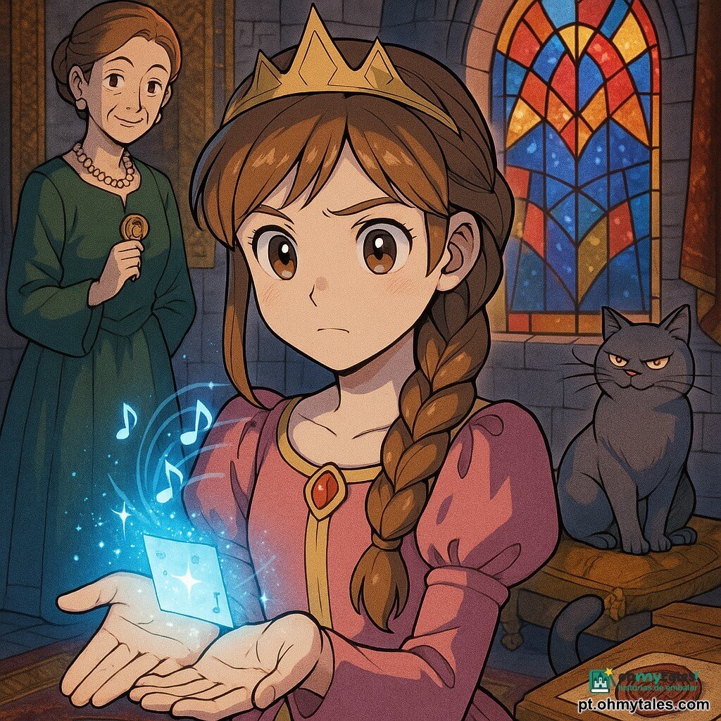 Princesa (~14 anos) ao centro, rosto doce e determinado, cabelo castanho claro trançado, segurando na palma uma pequena nota luminosa azul que emite partículas; Baltasar, gato cinzento e corpulento, sentado em almofadas ao lado, observa; Dona Margarida (≈50 anos) ao fundo à esquerda, elegante e benevolente, segurando um pequeno sinete dourado e sorrindo; o rei Afonso ausente, seu selo sobre uma mesa ao fundo à direita; ambiente: quarto-torre do palácio com grande janela ogival e vitral multicolor projetando reflexos vermelhos, azuis e dourados no chão de pedra, tapeçarias antigas e uma pequena fonte interna refletindo a lua; situação: a princesa descobre a “Nota da Fonte” mágica — luz azul forma ondas musicais visíveis, vitral colore o ar, noite íntima e tranquila com contraste entre a luz fria da nota e o calor dos vitrais; estilo: traço mangá nítido, expressões marcantes, cores saturadas nos vitrais, texturas detalhadas e iluminação dramática com reflexos cintilantes.