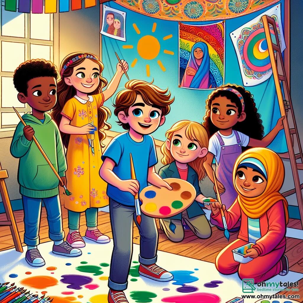 In a colorful classroom, five children stand around a large painting wall. Leo, an 11-year-old boy with brown hair and sparkling eyes, is at the center holding a brush with a determined smile. Mia, a 10-year-old girl with curly hair in a sunny yellow dress, is to Leo's left mixing colors on a palette, her face beaming with enthusiasm. Aisha, an 11-year-old girl with long black hair wearing a colorful hijab and a green t-shirt, is to Leo's right painting a cultural symbol on the wall, focused and passionate. Amir, a 12-year-old boy with tanned skin and short hair in a red hoodie, stands slightly back holding a large poster with words of respect and inclusion, ready to hang it on the wall. An older boy, a 14-year-old with blonde hair and fair skin, is in the background observing the group with a curious smile, beginning to understand their message. The bright classroom features vividly painted walls and posters celebrating diversity, with brushes, paint pots, and rollers scattered on wooden tables, and a large white wall waiting to be transformed into a beautiful mural. The main scene shows the children painting a vibrant mural that represents their cultures while sharing laughter and stories, illustrating the importance of inclusion and respect, with a message of solidarity and friendship emerging from their collaboration.