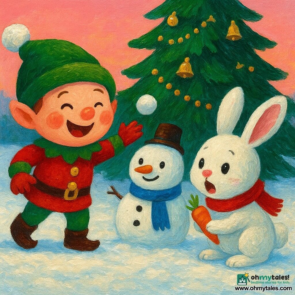 A mischievous smiling Christmas elf with a round face, red cheeks and a green pompom hat throws a snowball toward a joyful anthropomorphic white plush rabbit with a red scarf and carrot, while a small cute snowman with a blue scarf and carrot nose stands between them; scene in a snowy garden before a decorated fir with golden garlands and bells, thick shiny snow and a pale pink twilight sky, bright contrasting colors, thick visible acrylic paint texture, soft rounded strokes, depicting friendship and childlike joy as the elf and rabbit build the snowman together.