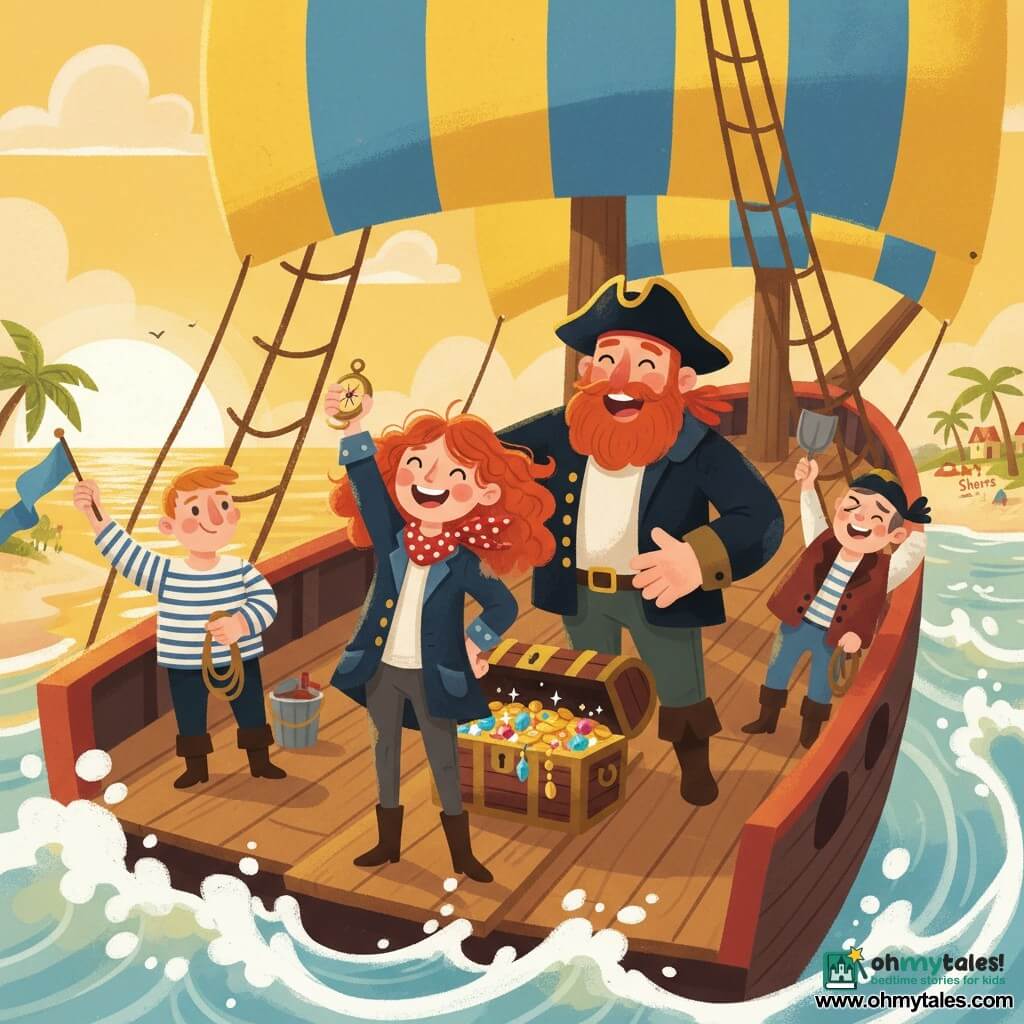 The protagonist is Clara, a joyful young woman with a bright smile and rosy cheeks, vivid curly red hair, a worn navy jacket and a red polka-dot scarf, proudly holding a small compass; Captain Jolly Roger is a tall jovial man with a thick red beard and a black tricorne, his hand on Clara’s right shoulder; Squinty Steve is a slightly shorter adult with one squinted eye in a striped sailor shirt holding a thick rope and looking toward the horizon on the left; two other sailors wave colorful flags and carry buckets and shovels on the aft deck; the scene is on the varnished wooden deck of the ship The Merry Squid with yellow and blue sails and thick rigging, an open treasure chest of sparkling jewels and gold at the center; Clara stands at the center on a plank near the chest, raising her compass as the sunset gilds the spray, the crew applauds and the shore of Sandy Shores appears in the background.