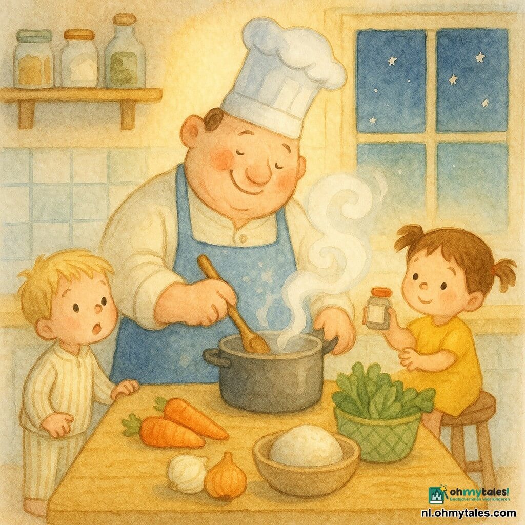 Een grote, ronde chef-kok draagt een scheef geplaatste hoge witte koksmuts en een met meel bevlekt blauw schort, glimlacht en roert met een houten lepel in een pan waaruit zachte, wolkachtige stoom opstijgt; links staat een ongeveer 4-jarige jongen met blonde, warrige haren in gestreept pyjama, verwonderd met een hand op het aanrecht, rechts zit een ongeveer 3-jarig meisje met kastanjebruine staartjes in een gele jurk en houdt een kruidenpotje klaar. De kleine, warme keuken heeft een licht houten werkblad, witte en lichtblauwe tegels, glazen potten op planken en een groot raam met een sterrennacht, verlicht door een warm geel licht. De scène doet aan een wiegelied denken: trage bewegingen, wolkvormige stoom, kleurrijke groenten (wortels, uien, groen mandje) en een deegbal in een stoffige kom, pasteltonen en subtiele contrasten voor een kalme, veilige sfeer.