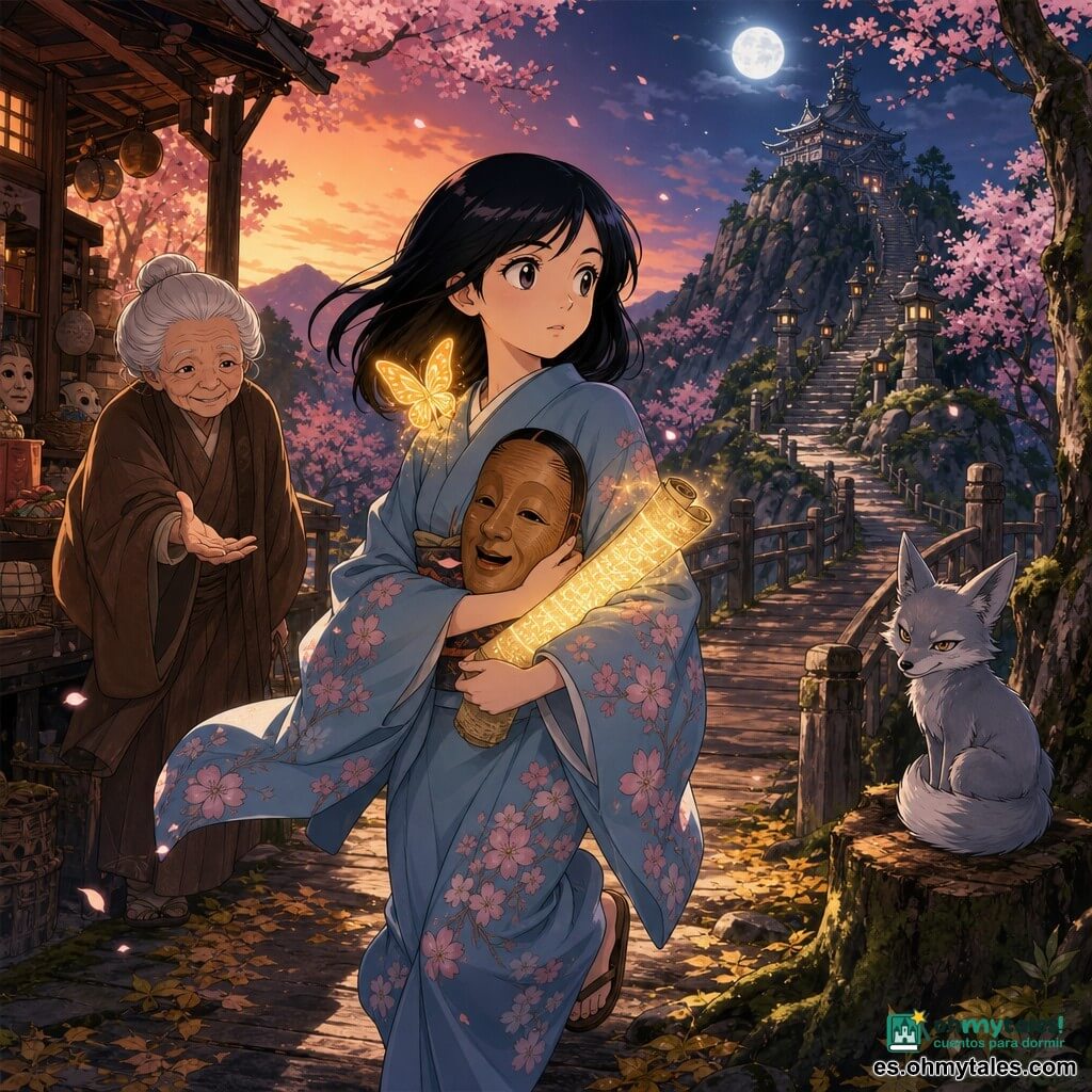 Akiko, mujer adulta de cabello negro hasta los hombros y kimono azul claro con flores de cerezo, sonríe suavemente y sostiene contra el pecho un máscara de noh de madera mientras avanza con cuidado; detrás, una anciana de unos 70 años con cabello blanco en moño y haori marrón la mira y extiende la mano con sonrisa misteriosa; un pequeño zorro plateado de ojos traviesos está en una toconera observando desde la senda y una mariposa dorada de alas translúcidas se posa en el hombro de Akiko; todo ocurre en un sendero montañoso japonés al anochecer con puente de madera, cerezos en flor, piedras musgosas y un templo de piedra en la cima bajo la luna; Akiko se acerca al templo sosteniendo también un pergamino antiguo cuyas letras reaparecen en una atmósfera mágica y serena, con el cálido ocaso contrastando con la fría luz lunar.