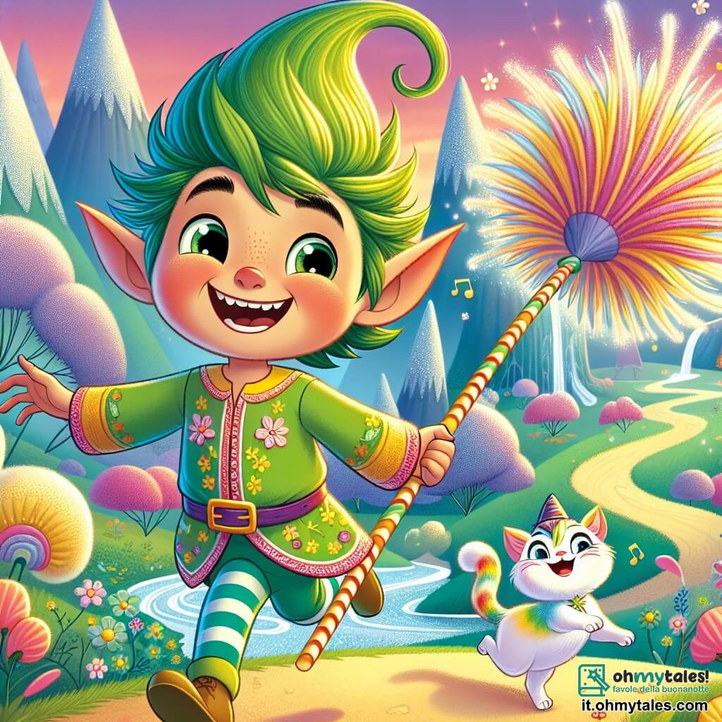Un elfo gioioso di nome Zarillo, con grandi orecchie a punta e capelli verdi brillanti, si trova al centro della scena, un ampio sorriso illumina il suo volto. Indossa una tunica colorata decorata con fiori, e i suoi occhi brillano di eccitazione mentre corre dietro a una enorme pagliuzza di gomitolo che rimbalza gioiosamente davanti a lui. Accanto a lui, un piccolo gattino magico di nome Frugolino, con un pelo arcobaleno e occhi scintillanti, salta con le sue piccole zampe fluttuanti lasciando dietro di sé tracce di luce. Sembra felice e pronto a divertirsi. Sullo sfondo, la valle di Gigliorossa si estende con colline argentate scintillanti, alberi di zucchero filato dai colori pastello e fiori cantanti che danzano al ritmo del vento. Una cascata di latte e miele brilla sotto il sole al tramonto, aggiungendo un tocco di magia all'ambiente. La scena principale mostra Zarillo e Frugolino in corsa, ridendo e divertendosi, mentre inseguono la pagliuzza di gomitolo che sembra avere vita propria, creando un'atmosfera di gioia e avventura in questo mondo fantastico.