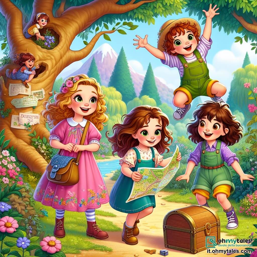 Quattro piccole avventuriere di sei anni si trovano al centro di un parco magico. Emma, con i capelli castani e ricci, indossa un vestito rosa con fiori e sorride entusiasta, tenendo una mappa tra le mani. Sofia, con i capelli biondi e lisci, indossa una maglietta blu e pantaloni gialli, punta un grande albero con occhi pieni di curiosità. Giulia, con i capelli castani e ondulati, indossa una salopette verde e un cappello di paglia, è accovacciata vicino a una vecchia cassa di legno, pronta ad aprirla. Mia, con i capelli rossi e ricci, indossa una tunica viola e jeans, salta di gioia con le braccia alzate, piena di energia. Il parco è pieno di fiori colorati, alberi maestosi e un cielo blu splendente. Le quattro amiche scoprono una vecchia cassa di legno nascosta dietro un cespuglio e si preparano ad aprirla insieme, curiose di scoprire i tesori che contiene.