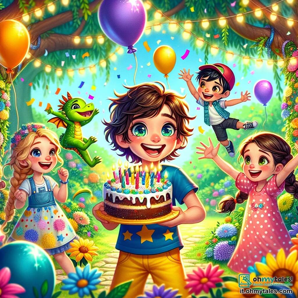 Un ragazzo di 6 anni di nome Leo, con capelli castani e ricci, occhi brillanti di gioia, sorride ampiamente mentre tiene in mano una grande fetta di torta colorata. Indossa una maglietta blu con stelle e pantaloni gialli, ed è circondato da palloni multicolori che fluttuano intorno a lui. Accanto a lui, una bambina di 6 anni di nome Sara, con capelli biondi e trecce, indossa un vestito rosa a pois e applaude entusiasta, con gli occhi brillanti di eccitazione. Un altro ragazzo, Marco, anche lui di 6 anni, con capelli neri e un cappellino rosso, lancia coriandoli in aria ridendo gioiosamente. La scena si svolge in un giardino incantato, pieno di fiori dai colori vivaci, grandi alberi con foglie verdi lussureggianti e ghirlande di luci scintillanti appese tra i rami. Un cielo azzurro con alcune nuvole bianche aggiunge un tocco di magia all'insieme. Leo festeggia il suo compleanno con i suoi amici, circondato da risate e gioia, mentre Puff, il piccolo drago verde, vola sopra di loro lanciando scintille colorate, aggiungendo un tocco di magia a questa festa indimenticabile.