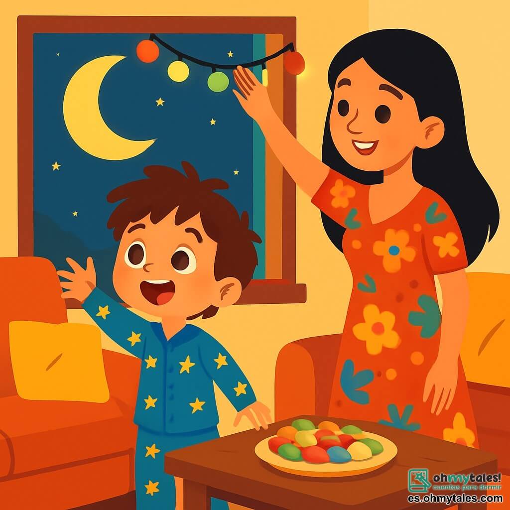 Un niño de 4 años, Sami, con cabello castaño desordenado y grandes ojos brillantes, mira maravillado la luna brillante por la ventana. Lleva un pijama azul con estrellas doradas y una gran sonrisa en su rostro, lleno de emoción. A su lado, su mamá, una mujer dulce de unos 30 años, con cabello largo y negro, sonríe tiernamente mientras cuelga guirnaldas luminosas de colores en el alféizar de la ventana. La escena se desarrolla en una sala acogedora, decorada con cojines suaves y una gran mesa de madera, donde hay un hermoso plato de deliciosos dulces. La luz de las guirnaldas brilla, creando una atmósfera mágica. Sami, maravillado, extiende la mano hacia la luna, como si quisiera atraparla, mientras su mamá le explica alegremente el comienzo del Ramadán, llenando la habitación de felicidad y compartición.