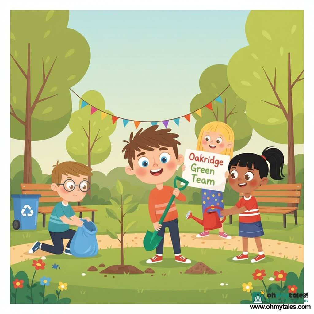 A group of four ~12-year-old children in a small community park: a round-faced boy with tousled brown hair and determined blue eyes joyfully planting a young tree with a green shovel in the foreground; Maya, light brown skin and black ponytail, smiling energetically and holding a red watering can to his right; Ben, light brown hair and round glasses, focused and kneeling as he picks up a blue trash bag beside a recycling bin to the left; Ava, mid-length blonde hair in colorful clothes, enthusiastically holding an "Oakridge Green Team" sign behind the planter; sparse lawn with flowers, wooden benches, a gravel path, pale-leafed trees and a colorful banner between two trees, soft late-afternoon light, vivid contrasting colors, composition centered on the newly planted sapling.