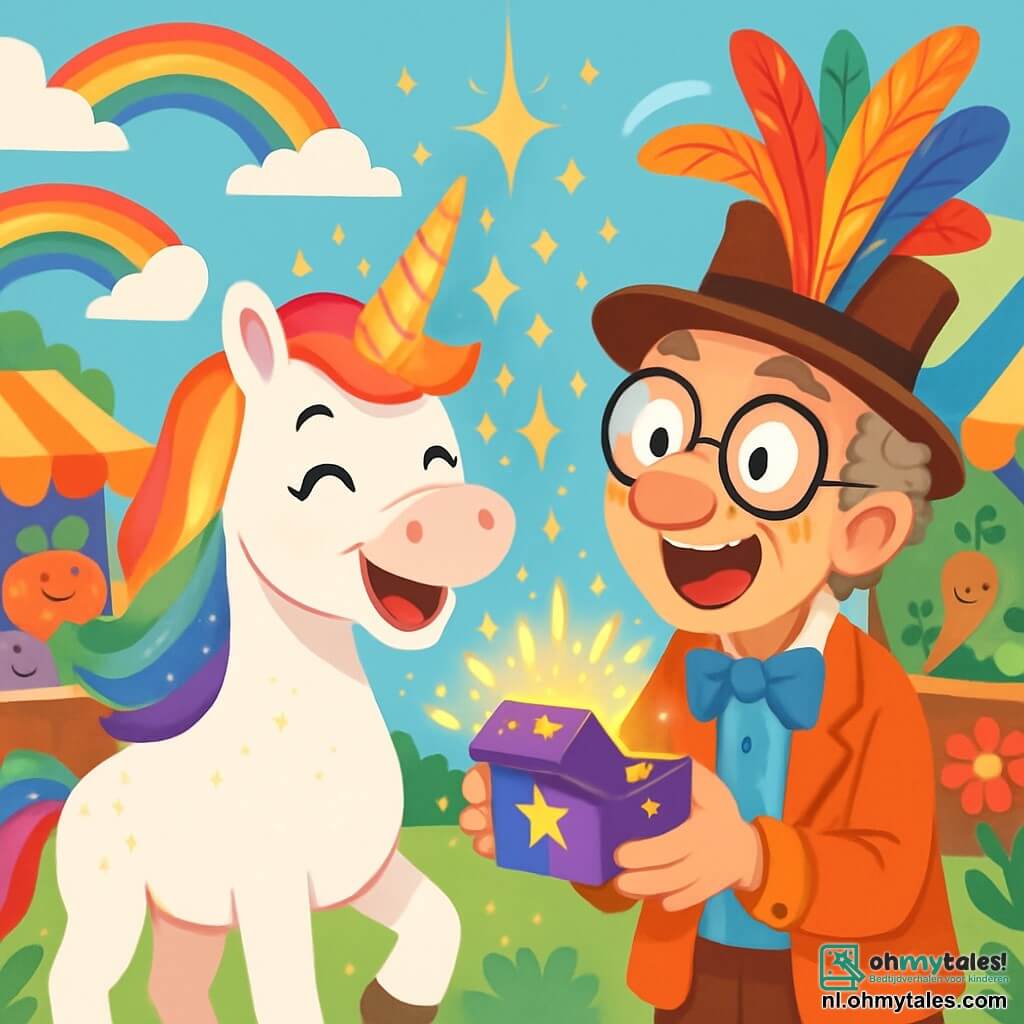 Een blije eenhoorn, genaamd Lila, staat in het midden van het toneel. Ze heeft een prachtige regenboogmanen die glanst in de zon, een sprankelende vacht en een schitterende gouden hoorn. Haar gezicht straalt met een brede glimlach en haar ogen twinkelen van blijdschap. Naast haar staat een excentrieke man, Meneer Knutselkont, ongeveer 50 jaar oud. Hij draagt een hoge hoed vol kleurrijke veren en oversized brillen die van zijn neus glijden. Hij houdt een klein magisch doosje vast, met wijd opengesperde ogen van verbazing en vreugde terwijl hij naar Lila kijkt. De achtergrond is een magische markt, vol levendige kleuren. Kramen staan vol zingende vruchten en dansende groenten, terwijl bloemen met felle tinten zich buigen op de maat van de wind. Regenbogen schitteren in de heldere blauwe lucht, wat een vleugje magie toevoegt aan het geheel. De belangrijkste situatie toont Lila en Meneer Knutselkont die samen het geheim van het lachen ontdekken, omringd door een wolk van glinsterende glitters die om hen heen stijgt, wat vrolijke lachsalvo's uit alle hoeken oproept.