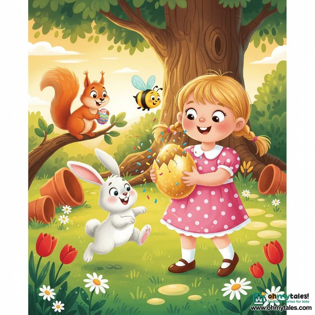 A joyful 4-year-old girl with blonde pigtails in a pink-and-white polka-dot dress holds a large shiny golden egg, eyes wide and smiling; Buzzy the bumblebee with turquoise translucent wings hovers above her right shoulder, Fluffball the white fluffy rabbit with pink ears jumps excitedly to her left, and a mischievous red squirrel with a bushy tail holds a small colored egg on a low branch behind them in an enchanted garden—bright green lawn dotted with red tulips and white daisies, a large textured tree with visible roots, overturned terracotta pots and a glowing paved path—just as the golden egg pops open with a little “pop,” spilling multicolored confetti and candies into warm sunset light, joyful dynamic mood, clean lines, simple shapes, saturated contrasting colors, soft shadows, composition centered on the girl and the egg.