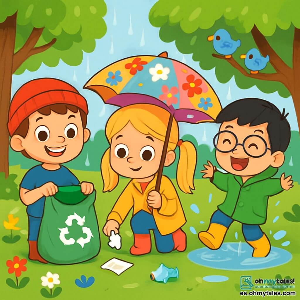 Hay 3 personajes: - Hugo: un niño de 6 años con cabello castaño y ojos brillantes. Lleva un gorro rojo y una camiseta azul. Está de pie, sonriendo, sosteniendo una bolsa de reciclaje. - Sofía: una niña de 6 años con cabello largo y rubio, recogido en dos coletas. Tiene un paraguas de flores coloridas y una chaqueta amarilla. Está al lado de Hugo, recogiendo basura del suelo. - Tomás: un niño de 6 años con cabello negro y gafas. Lleva botas de goma amarillas y un impermeable verde. Está un poco más atrás, saltando alegremente en un charco, salpicando agua a su alrededor. El lugar es un parque verde, con hierba brillante y árboles majestuosos cuyas hojas brillan bajo la lluvia. Flores coloridas salpican el suelo y pequeños pájaros cantan en las ramas. La situación principal muestra a los niños limpiando el parque bajo la lluvia, con sonrisas en sus rostros. Se divierten mientras recogen basura, demostrando que incluso un día de lluvia puede ser alegre y útil para el planeta.