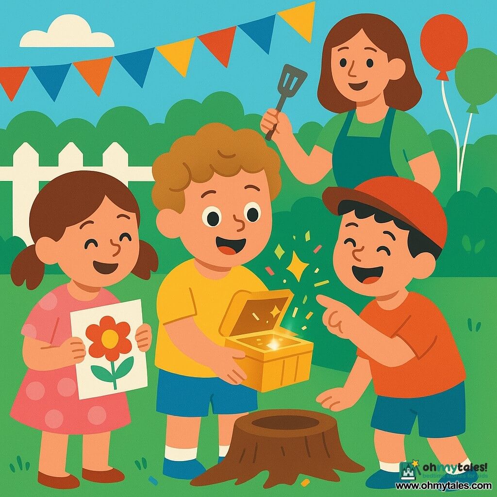 A radiant 4-year-old boy with light brown curly hair, round cheeks and a big smile holds a small shiny box; to his left Lily, a 4-year-old girl with brown pigtails in a pink polka-dot dress, leans in offering a drawing; to his right a laughing 4-year-old boy in a red cap stands on tiptoe pointing at the box; their mother (about 30) stands in the background by a table with a large chocolate cake, wearing a green apron and waving a spatula; bright garden with a green lawn, a hollow tree stump where the box came from, multicolored balloons on a white fence and paper garlands; scene of a birthday treasure discovery with children gathered around the sparkling box, scattered confetti and stickers, joyful atmosphere, vivid colors and a simple composition readable for toddlers.