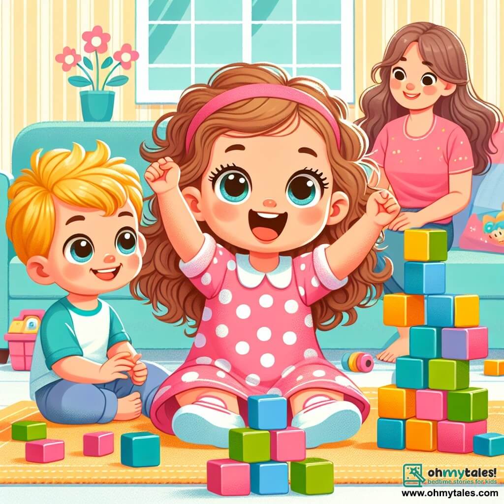 A 2-year-old girl with big bright eyes and a radiant smile is sitting on the floor surrounded by colorful blocks. She has curly hair and is wearing a pink polka dot dress. She looks joyful and enthusiastic, raising her arms in celebration of her tower's construction. Next to her, a 4-year-old boy with blond hair and a blue shirt watches the tower with wide eyes, ready to help. He is sitting cross-legged with his hands on his knees, smiling excitedly. In the background, their mother, a woman with brown hair and a gentle smile, watches them kindly from a comfortable couch. The scene takes place in a bright living room with pastel yellow walls, a fluffy rug, and toys scattered around. The main situation shows the little girl and boy building a large tower of colorful blocks together, laughing and encouraging each other, illustrating the joy of friendship and teamwork.