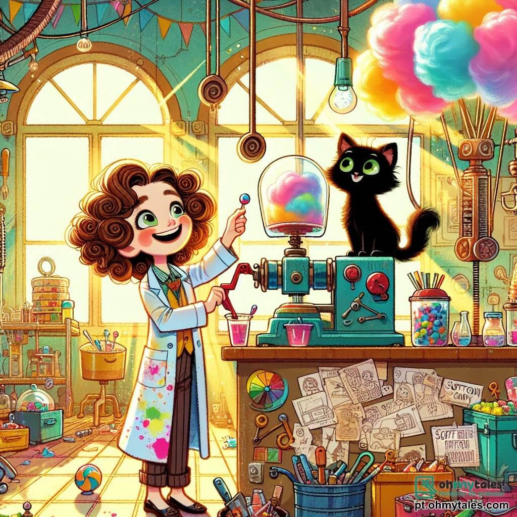Luísa, uma inventora de cabelos cacheados e castanhos, usa uma blusa colorida cheia de manchas de tinta. Ela sorri amplamente, com os olhos brilhando de excitação, enquanto ajusta uma alavanca vermelha em sua máquina de nuvens de algodão doce. Ao seu lado, Bolota, seu gato preto de olhos verdes, observa curioso, sentado em uma caixa de ferramentas, pronto para ajudá-la em suas aventuras. A cena acontece em um ateliê iluminado, repleto de gadgets estranhos, planos espalhados e cores vibrantes. Raios de sol entram pela janela, iluminando prateleiras cheias de objetos variados. Luísa aciona a máquina, e nuvens de algodão doce coloridas se soltam, flutuando no ar como balões multicoloridos, enquanto crianças da aldeia, maravilhadas, se aproximam para pegar essas delícias doces.