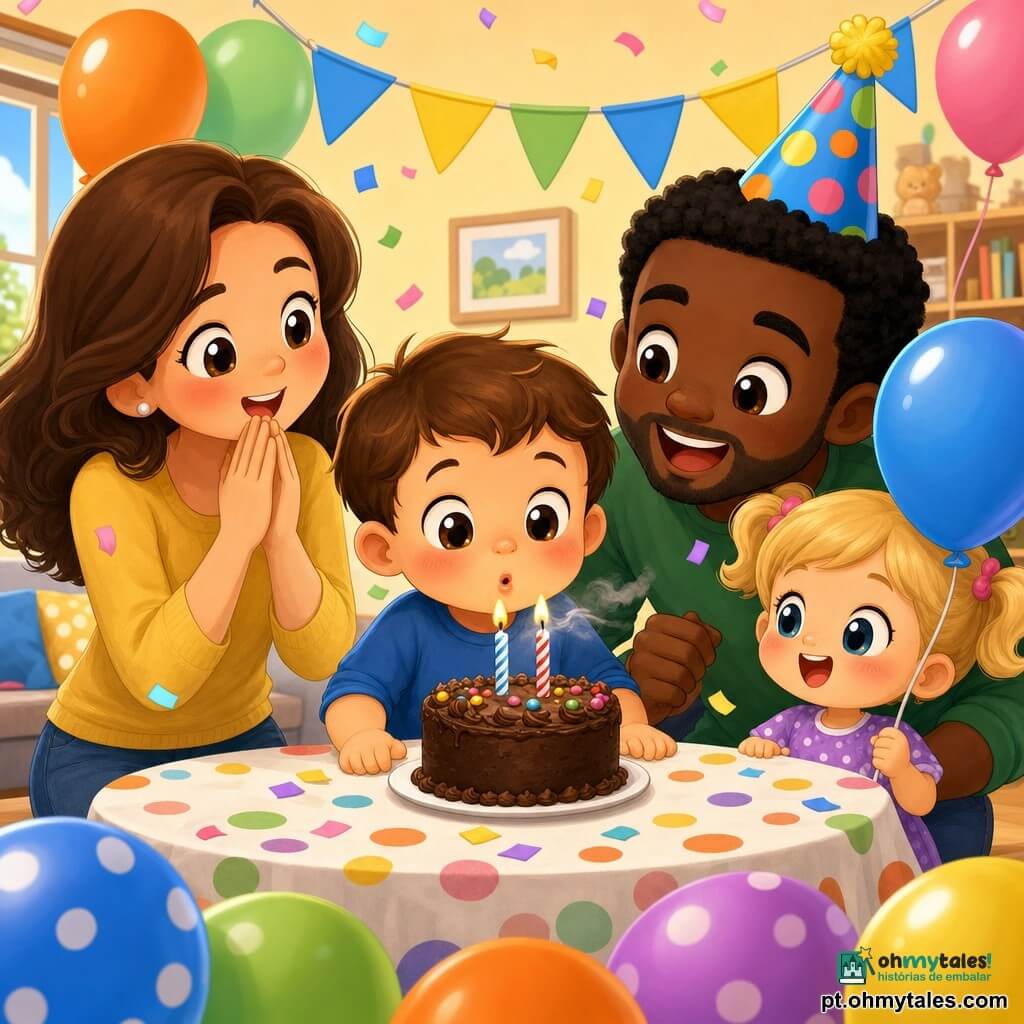 Menino de 2 anos alegre, cabelos curtos castanhos, bochechas rosadas e olhos grandes soprando um bolo de chocolate com duas velas; mãe na casa dos 30, cabelos longos castanhos e sorriso terno atrás à esquerda; pai na casa dos 30, cabelos curtos pretos e chapéu de festa agachado à direita; amiga de ~3 anos, cabelos loiros em rabadinha segurando um balão azul ao lado do pai; sala clara com paredes amarelo‑pálido, bandeirolas coloridas, balões e mesa de madeira com toalha de bolinhas; cena íntima e doce com confetes no ar e iluminação quente; estilo chibi kawaii, cores vivas, formas arredondadas, olhos brilhantes e contornos nítidos.
