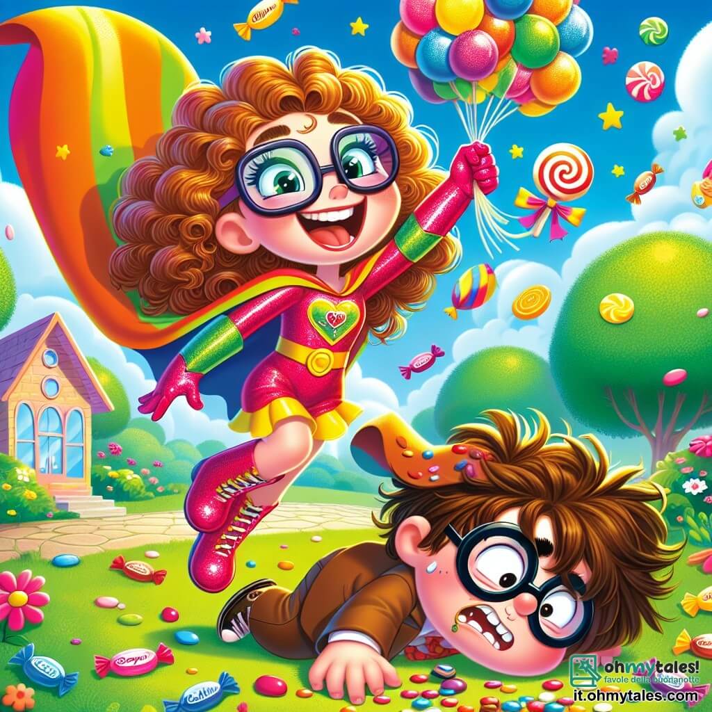 Pippi Piuma è una supereroina gioiosa, con lunghi capelli ricci e occhiali colorati. Indossa un costume brillante dai colori vivaci, con un mantello che fluttua dietro di lei mentre vola nell'aria, un grande sorriso sul volto, tenendo una nuvola di caramelle tra le mani. Accanto a lei, Gigi Gaffo, un ragazzo goffo di circa 10 anni, è sdraiato a terra, circondato da caramelle sparse. Ha i capelli arruffati e un volto confuso, ma un sorriso timido appare mentre guarda Pippi. La scena si svolge in un parco soleggiato, pieno di alberi verdi e fiori colorati. In lontananza si vede un piccolo negozio di caramelle con un'insegna gioiosa. Pippi ride felicemente mentre offre caramelle a Gigi, che, rialzandosi, sembra pronto a giocare con lei, mentre nuvole a forma di caramelle fluttuano nel cielo.