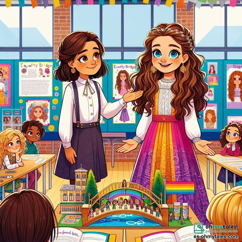 Una niña de 11 años, llamada Elena, está en el centro de la imagen, con largos cabellos castaños y ojos llenos de curiosidad. Lleva un vestido colorido y una gran sonrisa, mostrando su entusiasmo mientras presenta su proyecto sobre la igualdad de género. A su lado, su mejor amiga Sofía, también de 11 años, tiene el cabello rizado y lleva una blusa blanca. La mira con admiración, sosteniendo una maqueta del "Puente de la Igualdad" en sus manos, lista para ayudarla a explicar su proyecto. El entorno es el gimnasio de su escuela, decorado con colores y proyectos de otros alumnos. Elena y Sofía están de pie frente a un público cautivado, explicando con pasión su proyecto que simboliza la igualdad de género, mientras compañeros y profesores las escuchan atentamente.
