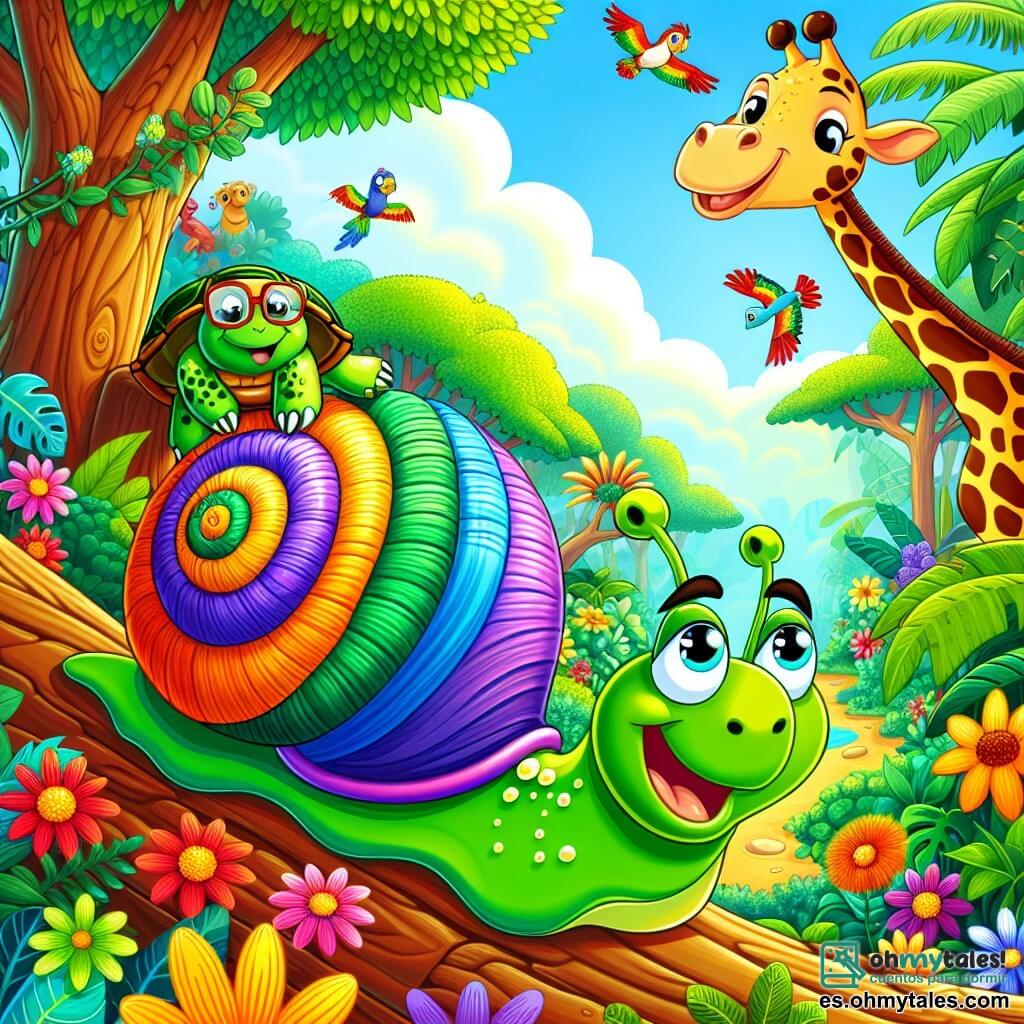 Un caracol llamado Ramón, con una concha colorida en espiral y una gran sonrisa, se desliza lentamente sobre un tronco, rodeado de flores brillantes y hojas verdes. Sus ojos brillan de emoción mientras participa en la Gran Competencia de la Jungla. Junto a él, una tortuga llamada Tula, con un caparazón verde y gafas, lo anima desde una roca. Al fondo, una jirafa llamada Gigi observa la escena riendo, mientras un loro colorido, Lolo, vuela sobre ellos. La escena se desarrolla en una jungla exuberante, llena de árboles majestuosos y flores multicolores. Ramón, decidido y divertido, se desliza con gracia, listo para demostrar que un caracol puede ser un gran competidor.
