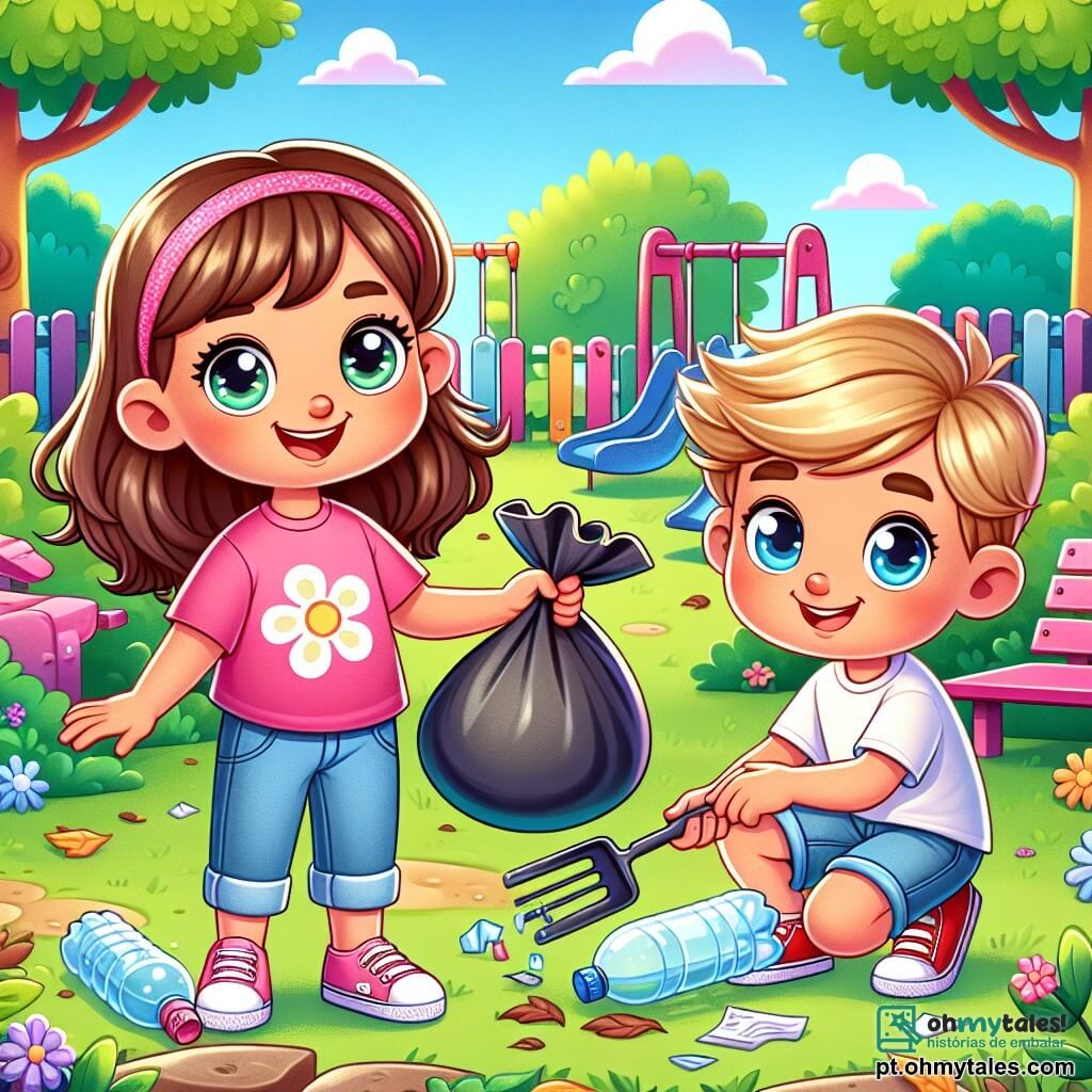 Uma menina de 6 anos, Sofia, com longos cabelos castanhos e olhos curiosos, sorri alegremente segurando um grande saco de lixo. Ela usa uma camiseta rosa com um desenho de flor e um short de jeans. Ao lado dela, seu amigo Lucas, um menino de 6 anos com cabelos loiros e olhos azuis, se ajoelha para pegar uma garrafa plástica, com uma expressão concentrada e determinada. O parquinho está cheio de brinquedos coloridos, como balanços e um escorregador, cercado por árvores verdes e flores vibrantes. O chão está coberto de folhas e pequenos pedaços de papel, mostrando o trabalho que ainda precisa ser feito. Sofia e Lucas, cercados por seus amigos, estão limpando o parque, rindo e conversando alegremente enquanto recolhem o lixo para deixar seu bairro mais limpo e bonito.