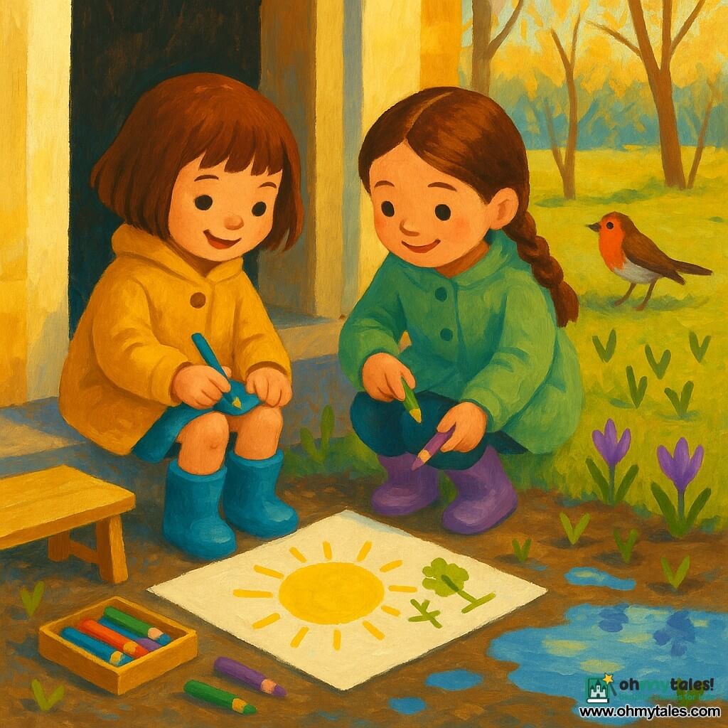 Two main characters: Maya, about 5, short brown hair, mustard-yellow coat and blue boots, sitting left on the doorstep step, holding a blue crayon and drawing a large yellow sun on a big white sheet; Lila, about 5, long brown braids, light green coat and purple rubber shoes, sitting right with a green then purple crayon, drawing a small tree beside the sun, their knees almost touching. Setting: house threshold opening onto a small spring garden with wet ground and shiny puddles reflecting a pale sky, dark loose soil, tender green shoots and scattered purple crocuses, a light wooden bench and an open crayon box nearby, golden morning light filtering through bare branches. Main situation: the girls share crayons and draw a spring scene together on the sheet using vivid colors—warm yellow for the sun, tender green for shoots, purple for crocuses, blue for puddles; a curious robin perches nearby; the mood is gentle, with simple gestures and focused, smiling expressions.