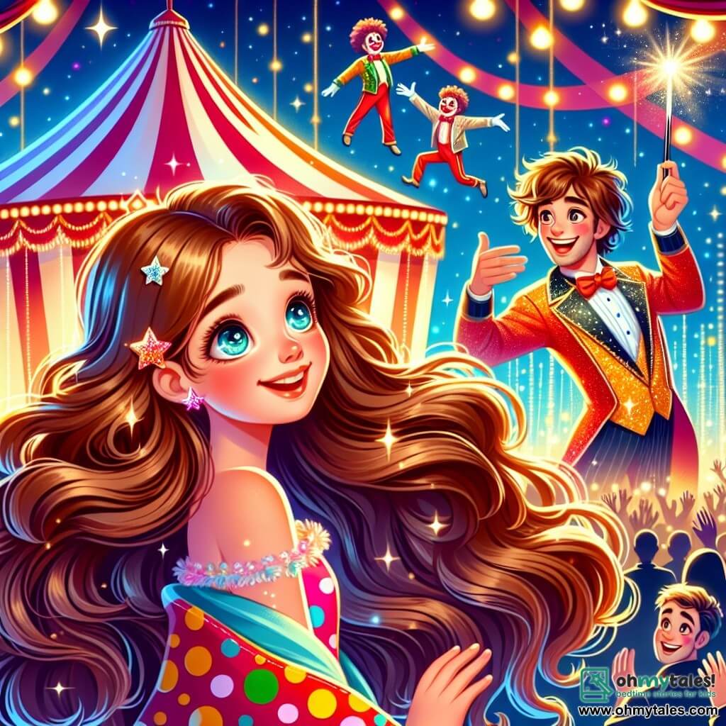A 12-year-old girl with long wavy brown hair is wearing a colorful polka dot dress and has a big amazed smile. Her eyes shine with excitement as she watches a circus show. Next to her is a 25-year-old young man, Alonzo, with messy hair and a sparkling magician's costume, holding a magic wand with a focused and enthusiastic expression. In the background, a majestic red and white striped tent stands surrounded by twinkling lights and amazed spectators. The scene is filled with bright colors, featuring acrobats in mid-air and funny clowns, creating a joyful and magical atmosphere. The main focus is on Ellie, the girl, captivated by the show while Alonzo prepares his magic act, ready to amaze the audience.