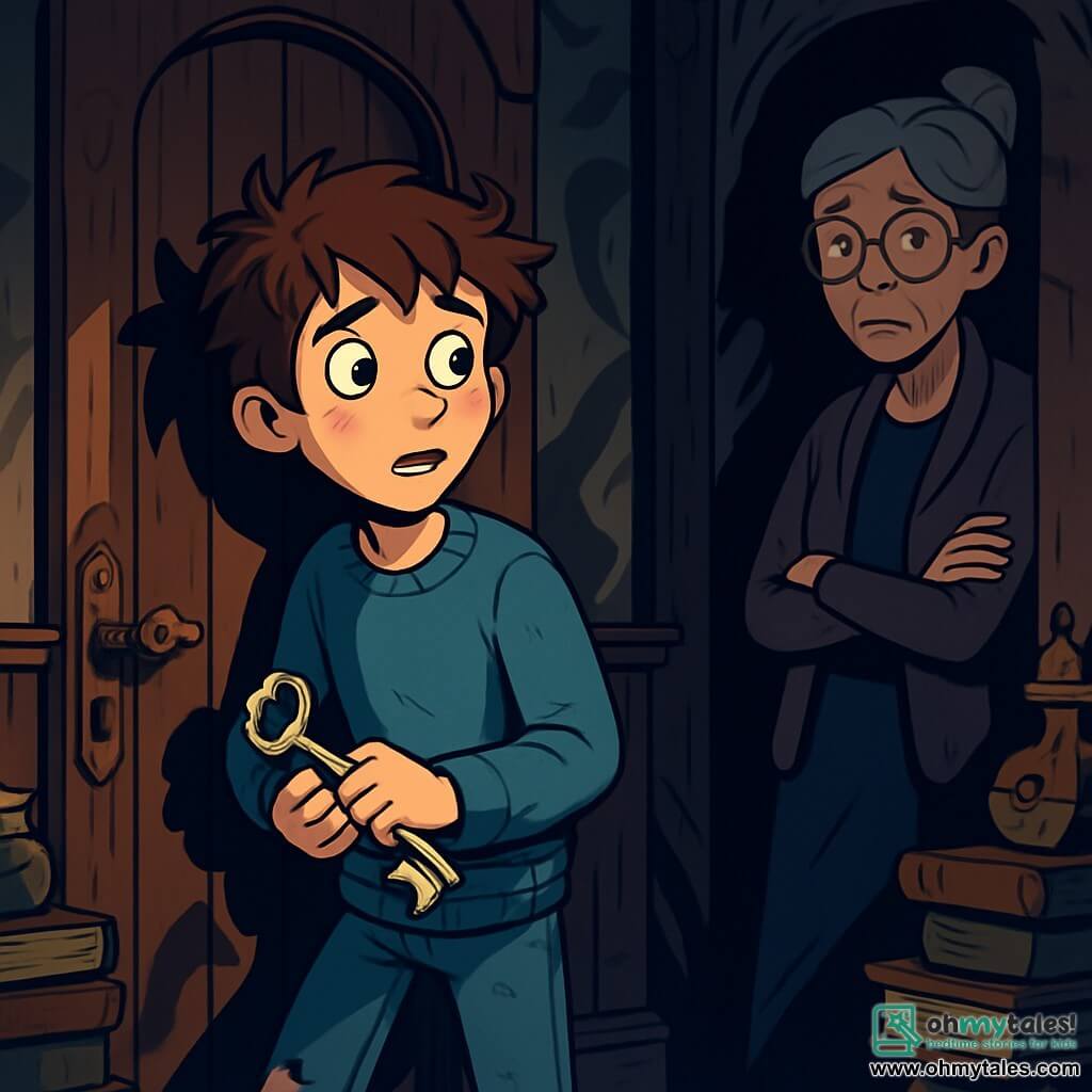A 12-year-old boy with messy brown hair and sparkling gray eyes stands in front of an old wooden door, his face marked by a mix of wonder and apprehension. He wears a worn blue sweater and torn jeans, his trembling hands holding a shimmering silver key. Nearby, a middle-aged woman, the house's owner, with gray hair pulled into a tight bun and round glasses, watches the boy with a worried yet protective expression, standing in the shadow of a dark hallway. The setting is an old house, with dark wooden walls, dusty tapestries, and dancing shadows cast by flickering light. Ancient books and mysterious objects are scattered around, creating a magical yet unsettling atmosphere. The main scene shows the boy, hesitant yet determined, ready to open the door leading to a mysterious corridor, while shadows seem to stretch and move around him, as if waiting for his next move.