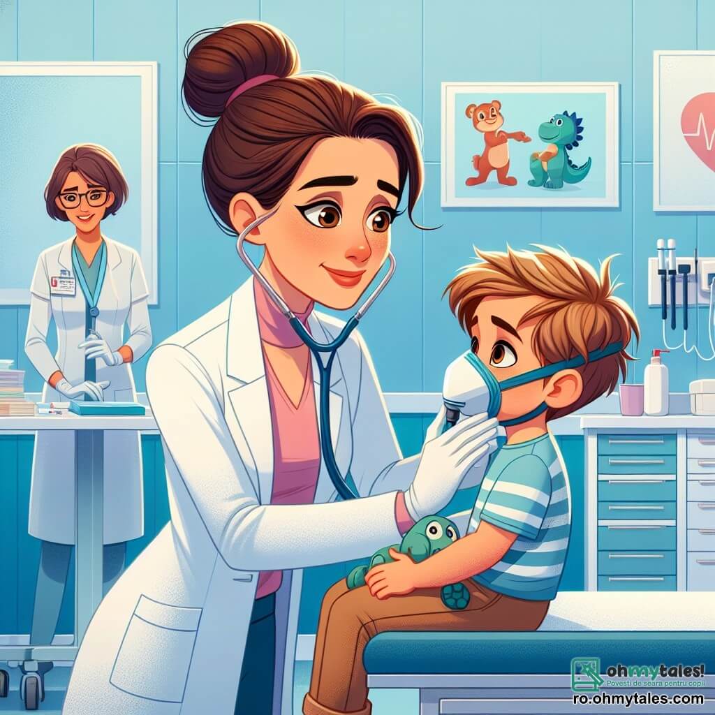 O tânără doctoriță, Ana, este o femeie de aproximativ treize ani, cu părul brun prins într-un coc, purtând un halat alb strălucitor. Are un zâmbet cald și ochi strălucitori de determinare în timp ce examinează un băiețel, Luca, care are aproximativ șase ani, cu părul blond în dezordine și o privire îngrijorată. Luca stă pe o masă de examinare, ținând un jucărie în formă de dinozaur, în timp ce Ana îi vorbește cu blândețe pentru a-l liniști. În cameră se află și o asistentă, o femeie de aproximativ patruzeci de ani, cu părul scurt și ochelari, care pregătește materiale medicale pe un cărucior din apropiere, observând scena cu un zâmbet încurajator. Locul este o sală de urgență luminoasă și colorată, cu pereții vopsiți în albastru deschis și afișe cu personaje de desene animate despre sănătate, creând o atmosferă primitoare pentru copii. Situația principală o arată pe Ana liniștindu-l pe Luca, explicându-i că este foarte curajos în timp ce îi pune o mască de oxigen, transformând un moment de frică într-o experiență pozitivă și plină de speranță.