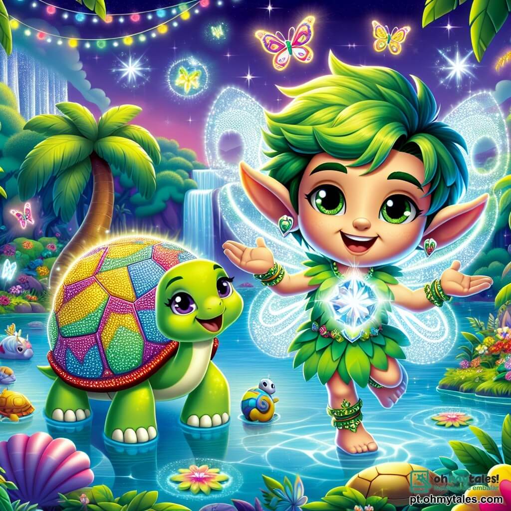 Um duende chamado Lúcio, um garoto com cabelos verdes brilhantes e grandes orelhas pontudas, está alegremente no centro da imagem, segurando em suas mãos uma magnífica Pedra da Alegria que brilha intensamente. Seu rosto irradia felicidade, com um sorriso radiante que ilumina seu olhar cintilante. Ao seu lado, uma tartaruga mágica chamada Tara, com uma carapaça adornada com padrões coloridos, observa Lúcio com olhos sábios e benevolentes, sorrindo suavemente, como se compartilhasse a alegria de seu amigo. O cenário é uma oásis encantada, cercada por majestosos coqueiros e flores vibrantes, com água cristalina refletindo as cores do céu. Borboletas coloridas voam ao redor, adicionando um toque de magia à atmosfera. A cena principal mostra Lúcio dançando com entusiasmo, cercado por seus amigos animais, enquanto a luz da Pedra da Alegria ilumina tudo ao seu redor, criando uma atmosfera festiva e alegre.