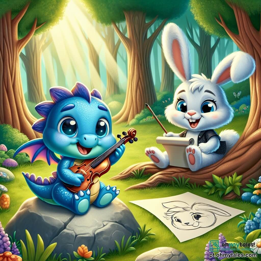 Um pequeno dragão azul chamado Lúcio, com escamas brilhantes e olhos curiosos, está sentado em uma pedra em uma floresta encantada, parecendo alegre e maravilhado, segurando um violino em suas pequenas patas. Ao seu lado, sua melhor amiga, Bella, a coelhinha vaidosa de grandes orelhas e pelagem branca, sorri entusiasticamente enquanto desenha em um grande pedaço de papel, sentada na grama verde. A floresta está cheia de árvores de troncos grossos, flores coloridas e raios de sol filtrando através da folhagem, criando uma atmosfera mágica e acolhedora. Lúcio e Bella estão compartilhando histórias e criando memórias juntos, longe das telas, cercados pela beleza da natureza.