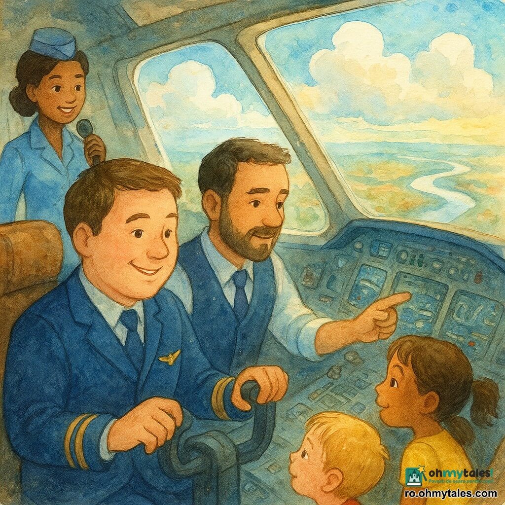 Un pilot, Andrei, ~38 ani, față rotundă și zâmbitoare, păr scurt șaten, uniformă bleumarin cu insignă aurie în formă de aripă, concentrat și fericit cu mâinile pe manșă privind norii; copilotul Mihai, ~40 ani, barbă ușoară, cămașă deschisă și vestă, citește instrumentele și arată un ecran, calm și atent; o însoțitoare, ~30 ani, părul prins în coc, uniformă bleu, stă în culoar cu microfonul, zâmbitoare; doi copii la geam — băiat ~6 ani, păr blond, tricou roșu, și fată ~5 ani, cozi și rochie galbenă — lipesc nasul de geam, uimiți; cabina cu panouri, butoane colorate și scaune din piele maro; prin parbriz cer luminos cu nori pufoși, o cursă de râu argintie și acoperișuri miniaturale sub lumină de dimineață aurie; scena sugerează zbor deasupra norilor, liniște și uimire; stil acuarelă delicată, culori pastel, textură de hârtie și stropi controlați pentru mișcare și magie.