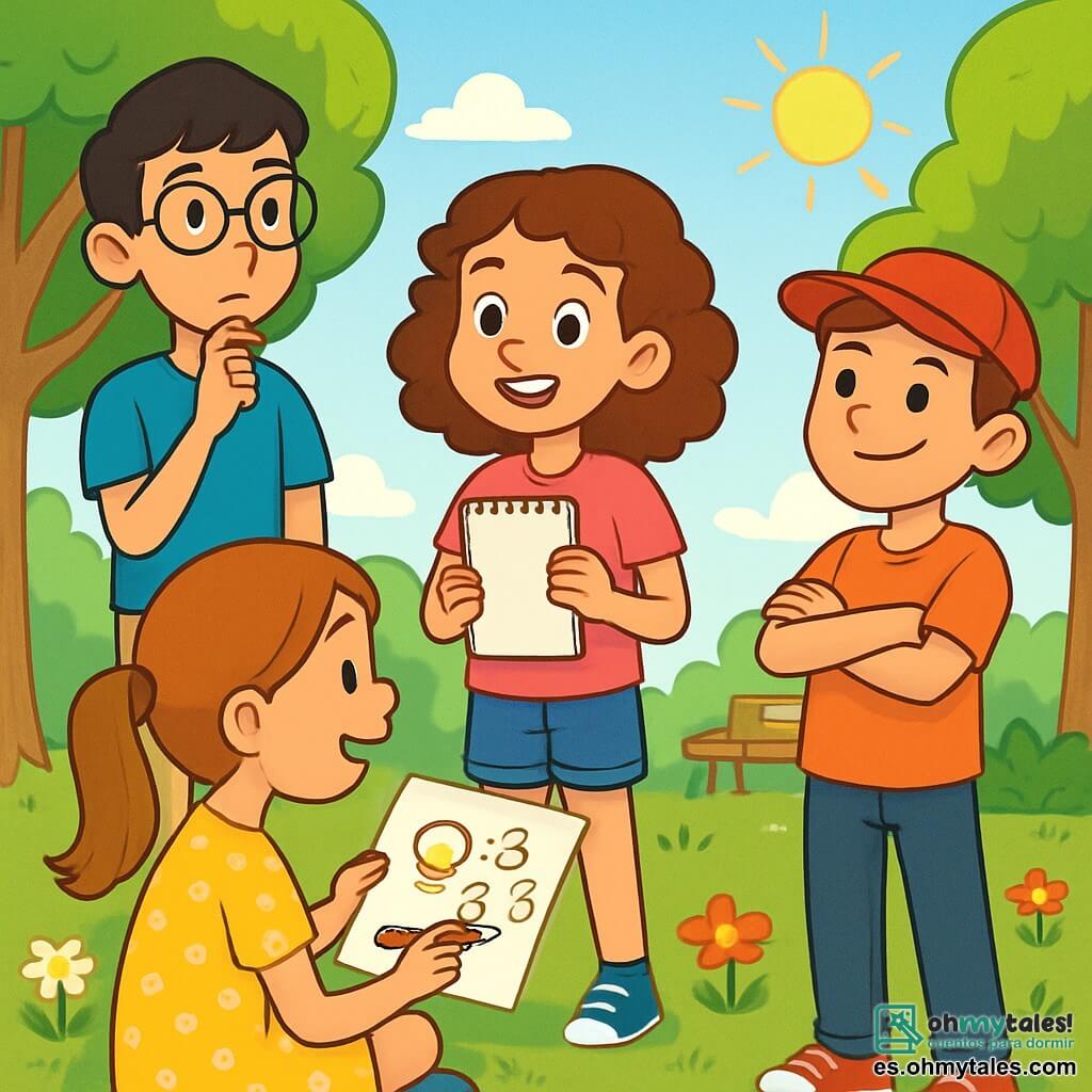 Hay 4 niños: - Sofía: una niña de 10 años con cabello rizado y castaño, vestida con una camiseta rosa y un short de mezclilla. Está de pie en el centro, sonriendo y sosteniendo un cuaderno. - Miguel: un niño de 11 años, alto y delgado, con gafas redondas y cabello negro. Lleva una camiseta azul y pantalones beiges. Está a la izquierda de Sofía, pensativo. - Clara: una niña de 10 años, con cabello largo y liso recogido en una coleta. Lleva un vestido amarillo con lunares y está sentada en el césped, dibujando ideas en un papel. - Tomás: un niño de 11 años, con cabello castaño y una gorra roja. Está a la derecha de Sofía, con los brazos cruzados y una sonrisa alentadora. La escena tiene lugar en un parque verde, lleno de árboles majestuosos y flores coloridas. El cielo es azul con nubes blancas y el sol brilla sobre ellos. Los niños discuten alegremente sus ideas para ayudar a sus padres a comunicarse mejor, intercambiando sonrisas y gestos, listos para poner en práctica sus planes.