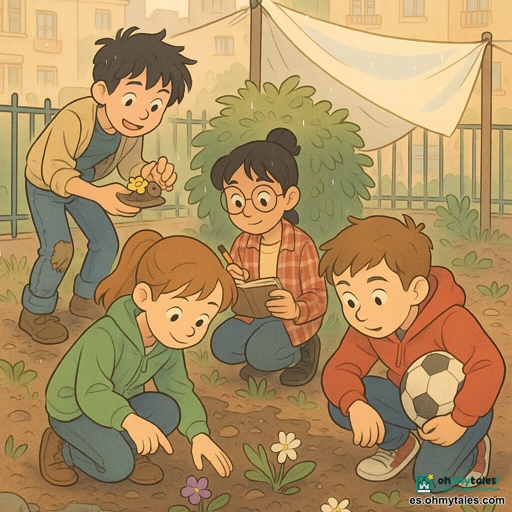 Hay cuatro niños: Nora (niña, ~10 años) con coleta castaña clara y chaqueta verde, agachada delante a la izquierda contando una pequeña flor violeta con los dedos; Leo (niño, ~11 años) de pelo castaño corto y sudadera roja, de rodillas a la derecha con un balón bajo el brazo observando una flor blanca; Mina (niña, ~10 años) con moño negro y gafas redondas, camisa a cuadros, de pie detrás de Nora anotando en un cuadernillo; Sergio (niño, ~11 años) de pelo negro revuelto y vaqueros gastados, agachado al fondo izquierdo junto a un pequeño estanque mostrando una flor amarilla y un caracol sobre una piedra; lugar: pequeño jardín comunitario urbano con barandilla metálica, arbusto central y una cabaña hecha con sábanas blancas sujetas a las barras, suelo de tierra húmeda con hojas y piedras brillantes y gotas de lluvia; situación: los cuatro exploran y cuentan flores de primavera tras la lluvia, atmósfera cálida con luz dorada filtrada por la cabaña, texturas húmedas y paleta pastel con toques vivos.
