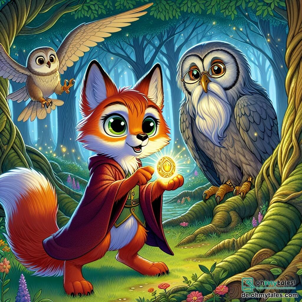 In einer verzauberten Lichtung steht der junge Fuchs Fina mit ihrem leuchtend roten Fell und neugierigen Augen in der Mitte, hält ein schimmerndes goldenes Amulett in ihren Vorderpfoten, ihr Gesichtsausdruck zeigt Staunen und Entschlossenheit. Zu ihrer Rechten beobachtet der weise alte Uhu Eldor mit grauen Federn und runden Brillen Fina wohlwollend, seine Flügel leicht ausgebreitet, als wäre er bereit zum Fliegen, mit einem Ausdruck von Stolz und Weisheit. Die Kulisse ist ein dichter Wald, in dem majestätische, knorrige Bäume gen Himmel ragen, deren grüne Blätter ein Dach aus sanftem Licht bilden, und bunte Blumen den Boden schmücken, was eine magische und einladende Atmosphäre schafft. Die Hauptsituation zeigt Fina, die das geheimnisvolle Amulett entdeckt, beleuchtet von Sonnenstrahlen, die durch die Äste filtern, während Eldor sie mit einem Lächeln ermutigt, bereit, ihr bei ihrem Abenteuer und ihrer Suche nach Weisheit zu helfen.