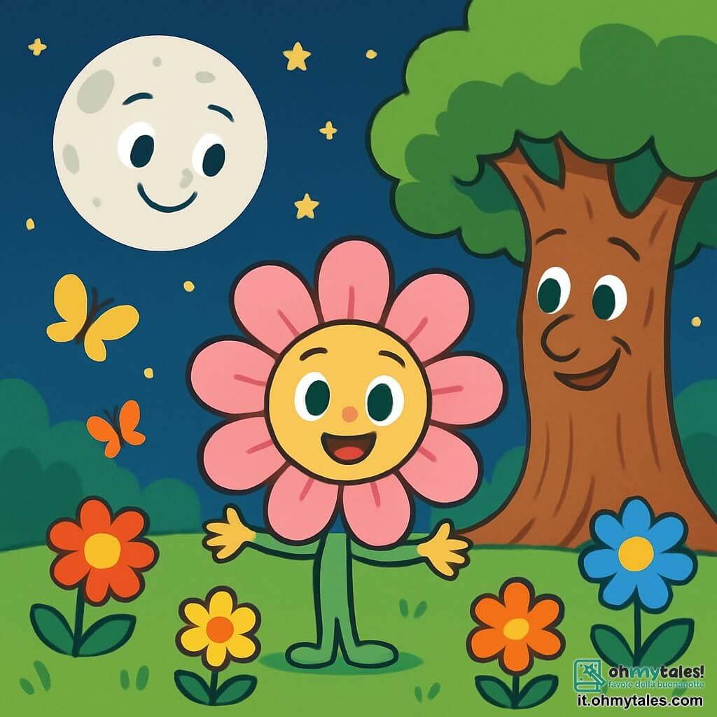 Un piccolo fiore di nome Petalo, con petali rosa delicati e un volto sorridente, si trova al centro di un giardino soleggiato, con le braccia aperte, esprimendo gioia e curiosità. Guarda intorno a sé con occhi scintillanti di meraviglia. A destra, un vecchio albero maestoso con un tronco largo e nodoso, le cui foglie verdi brillano nel vento, sembra saggio e benevolo, con rami estesi come braccia protettive. Sorride dolcemente, trasmettendo una sensazione di pace e conforto. A sinistra, una luna sorridente, piena e argentata, brilla in un cielo stellato, illuminando il giardino con una dolce luce notturna. Sembra attenta e amichevole, vegliando su Petalo con tenerezza. Il giardino è pieno di fiori colorati, farfalle svolazzanti e erba verde brillante, creando un'atmosfera gioiosa e magica. Sullo sfondo, stelle scintillano nel cielo, aggiungendo un tocco di sogno alla scena. La situazione principale mostra Petalo mentre condivide le sue scoperte sulla gioia e l'amicizia con i suoi amici, circondato dalla bellezza del giardino, mentre ascolta i saggi consigli dell'albero e della luna.