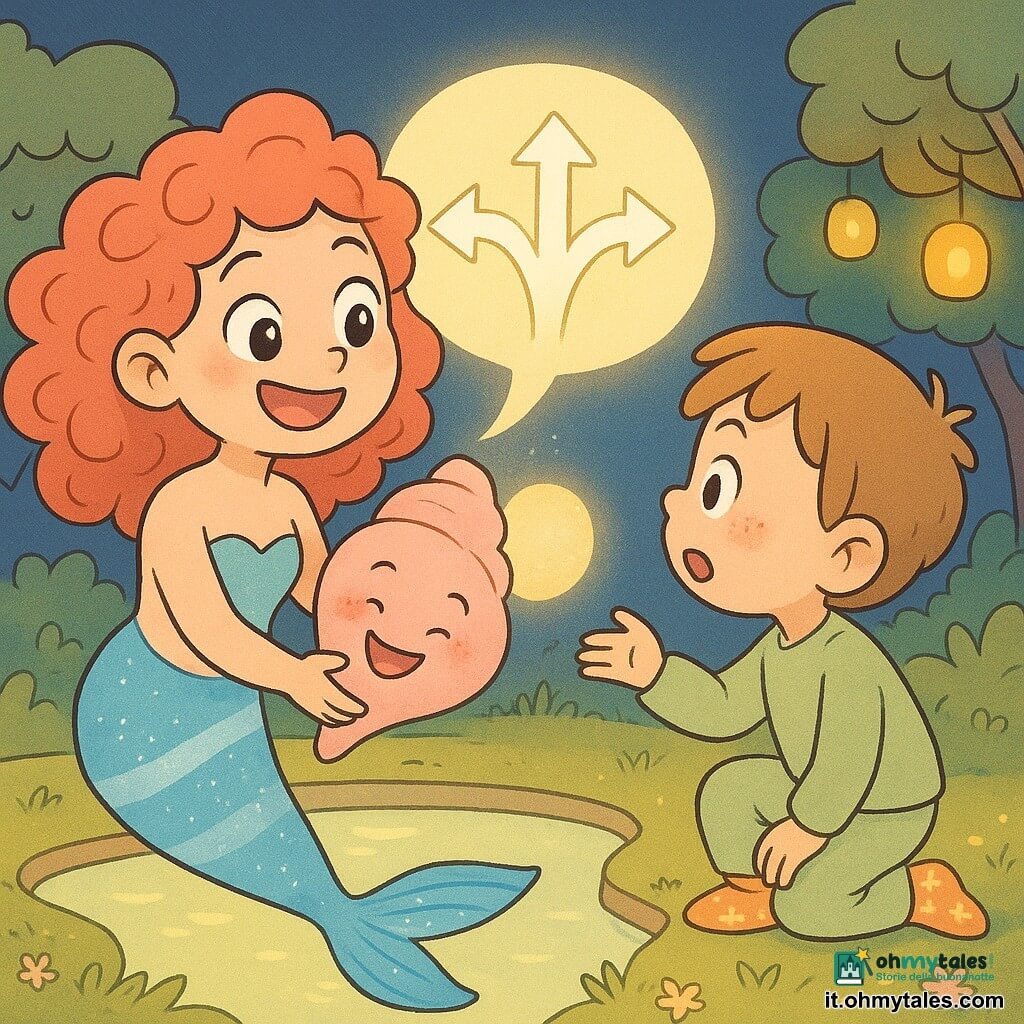 La sirena Mira, felice e maliziosa, sorride; ha capelli corallo ricci, una coda azzurro cielo a righe bianche con piccole scintille, grandi occhi madreperlacei e tiene una grande conchiglia rosa che ride e soffia una bolla-lanterna a forma di freccia che indica tre sentieri. Il bambino Nino, circa 3 anni, curioso e meravigliato, in pigiama verde e calzini a stelle, è inginocchiato sul bordo dello stagno con la mano tesa verso la sirena. Il luogo è il Giardino delle Onde: un piccolo stagno rotondo circondato da alberi-lanterna, acqua color limone pallido, cielo crepuscolare blu velluto, erba con fiori di zucchero. Situazione: scena calma e gioiosa, colori caldi e contorni morbidi.