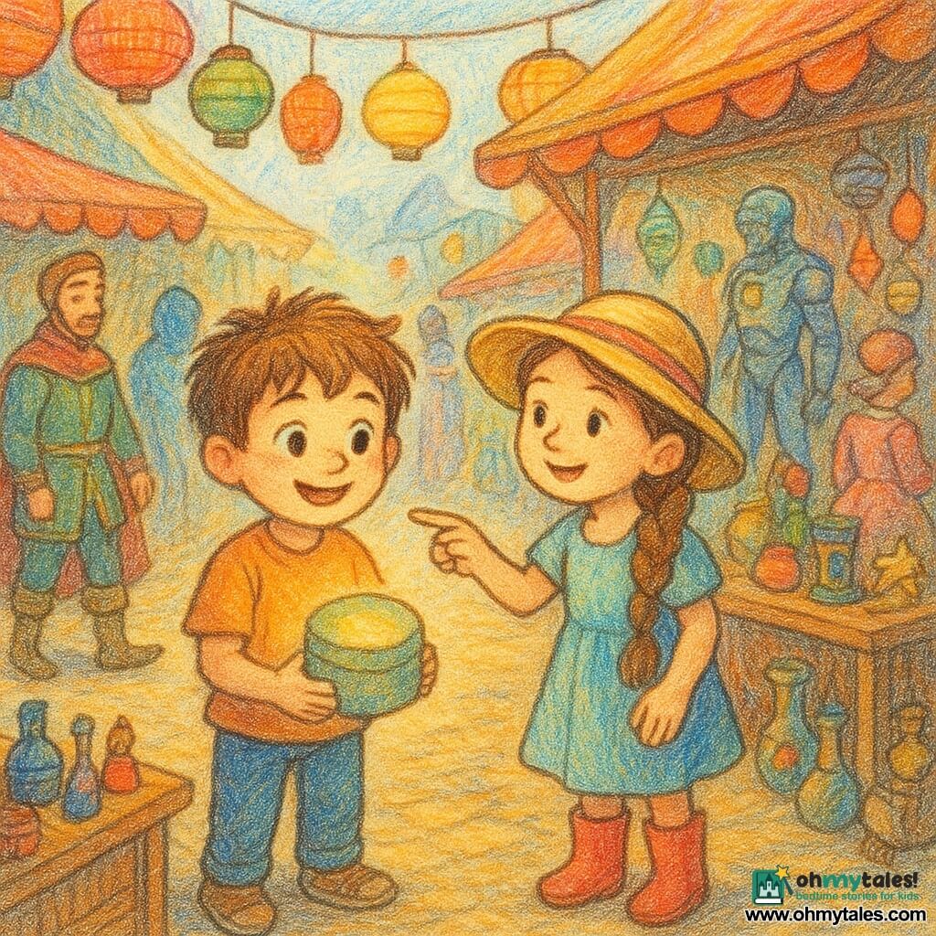 A 6-year-old boy, Leo, with tousled brown hair and curious eyes, holds a round box emitting a soft light. He has a look of wonder on his face. Mina, an 8-year-old girl with a long braid and a sun hat, stands next to Leo, pointing at a market stall. She wears boots and has a friendly demeanor. The time market is lively and colorful, with hanging paper lanterns and wooden stalls filled with strange, shiny objects. People in costumes from different eras stroll around, creating a joyful fair atmosphere. The main scene shows Leo and Mina at the center of the market, surrounded by historical and futuristic characters, each absorbed in their activities, while Leo's box emits a gentle glowing "tick-tick."